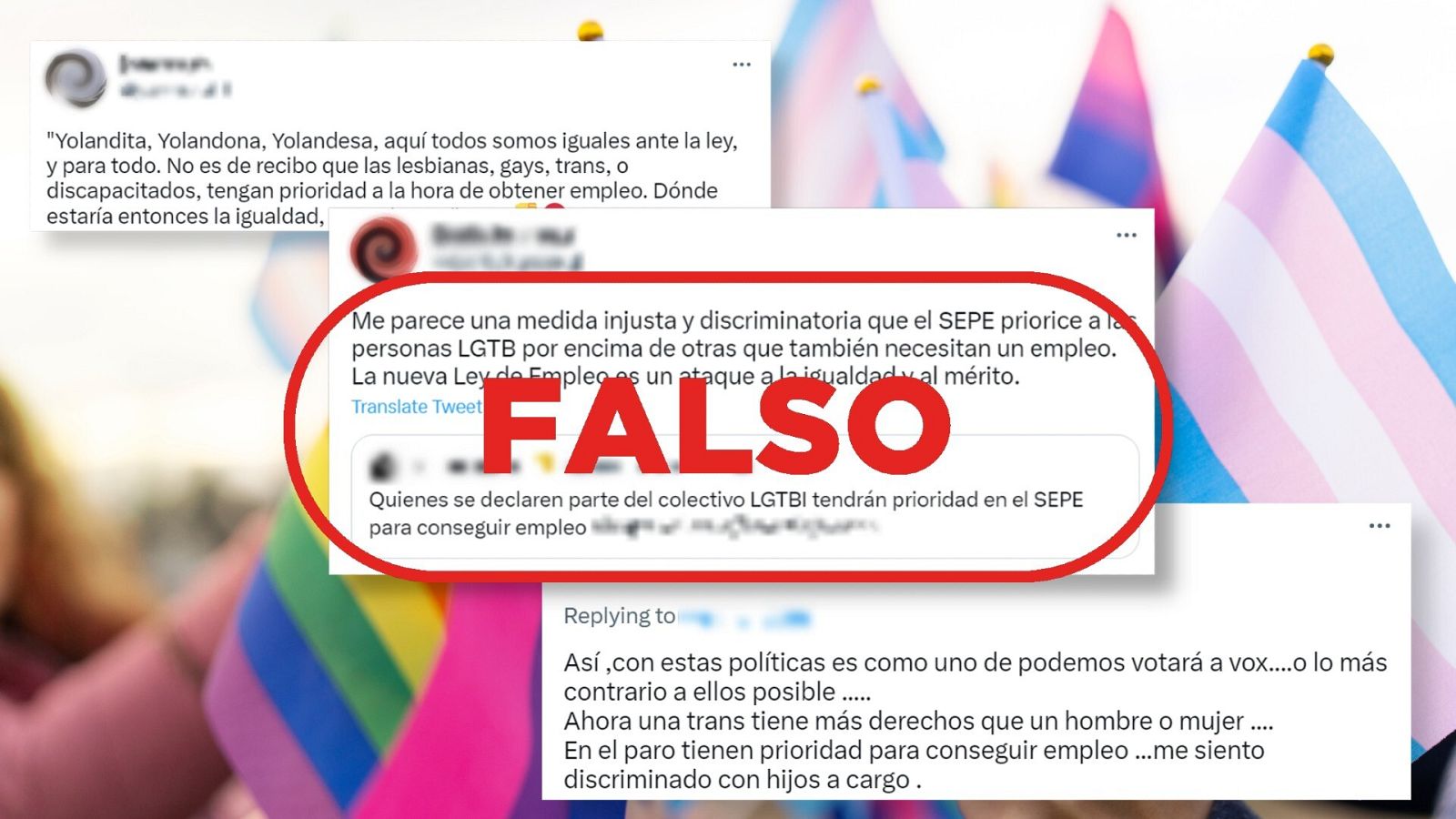 Tuits que difunden la falsa idea de que todas las personas LGTBI tendrán más derechos a la hora de acceder a un empleo