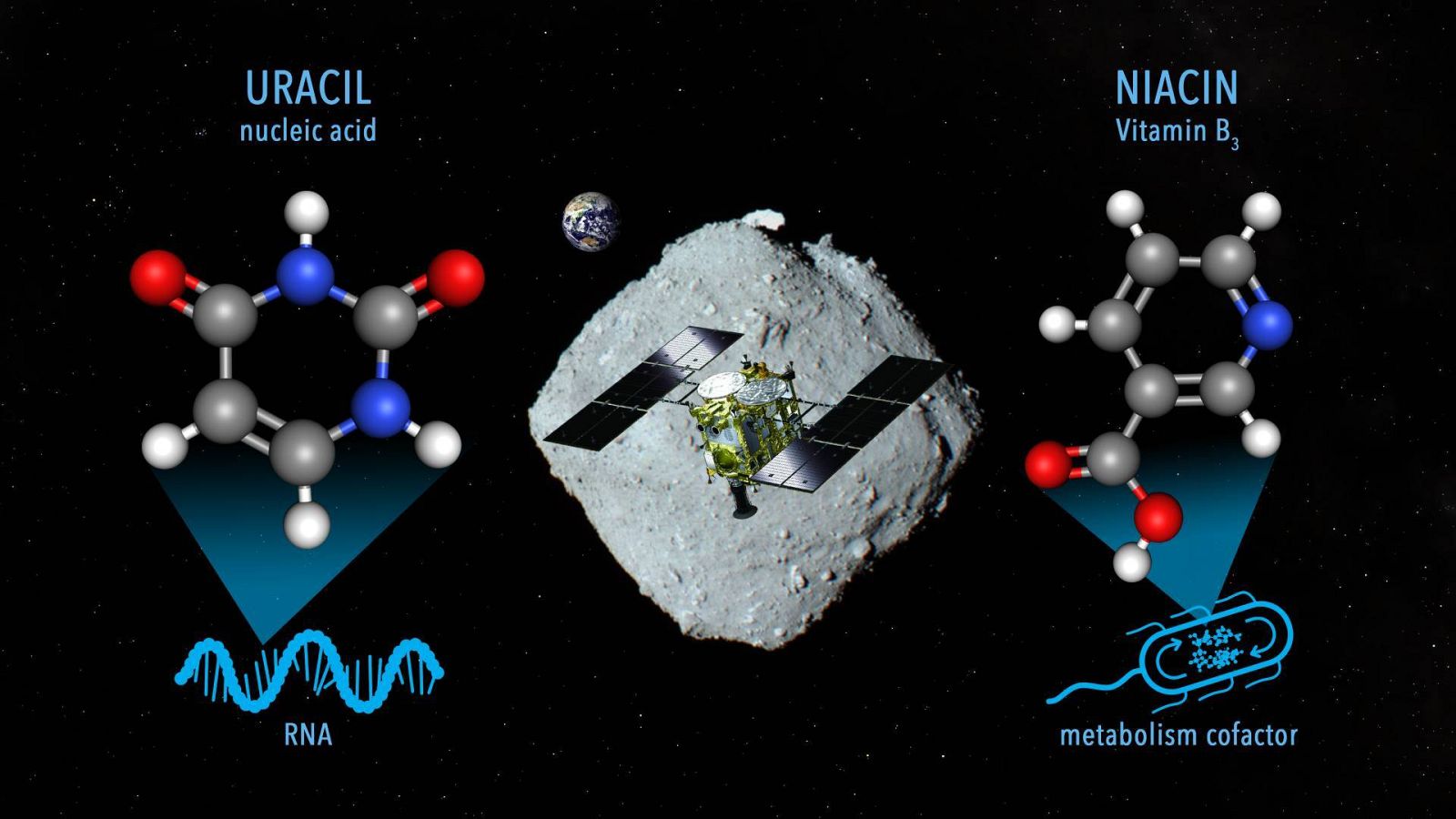 Representación del asteroide Ryugu y los materiales hallados