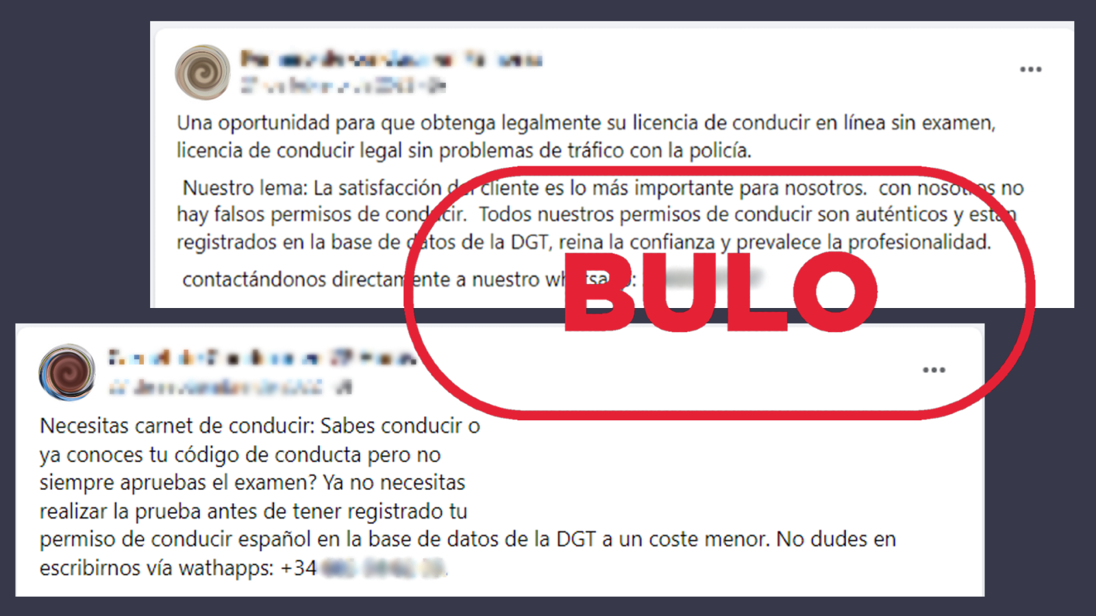 Publicaciones de Facebook que comparten una estafa que ofrece conseguir el carnet de conducir en España "en 72 horas"