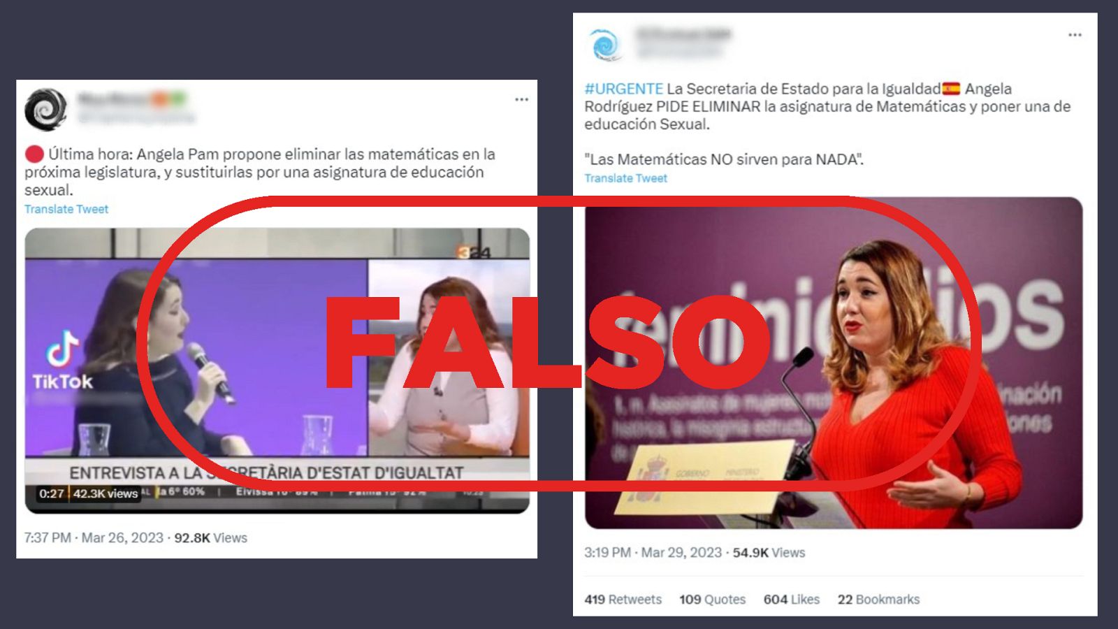 Tuits que difunden la falsa idea de que la secretaria de Estado de Igualdad ha propuesto eliminar la asignatura de matemáticas