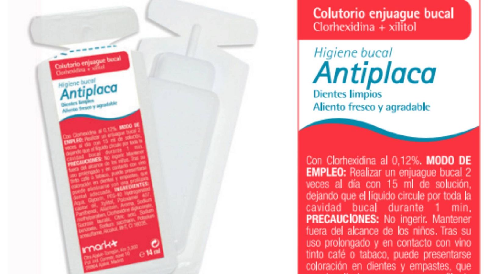 Etiqueta del colutorio clorhexidina+XIlitol Imark en formato monodosis para enjuague bucal