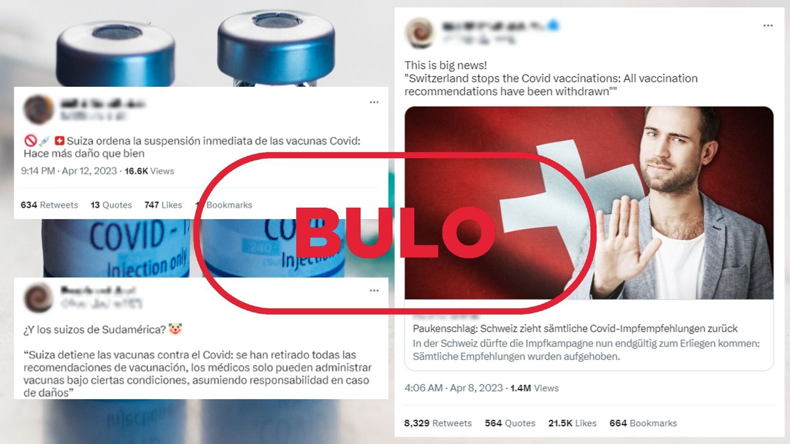 Mensajes en Twitter que difunden el bulo de que Suiza ha detenido la vacunación contra la Covid-19.