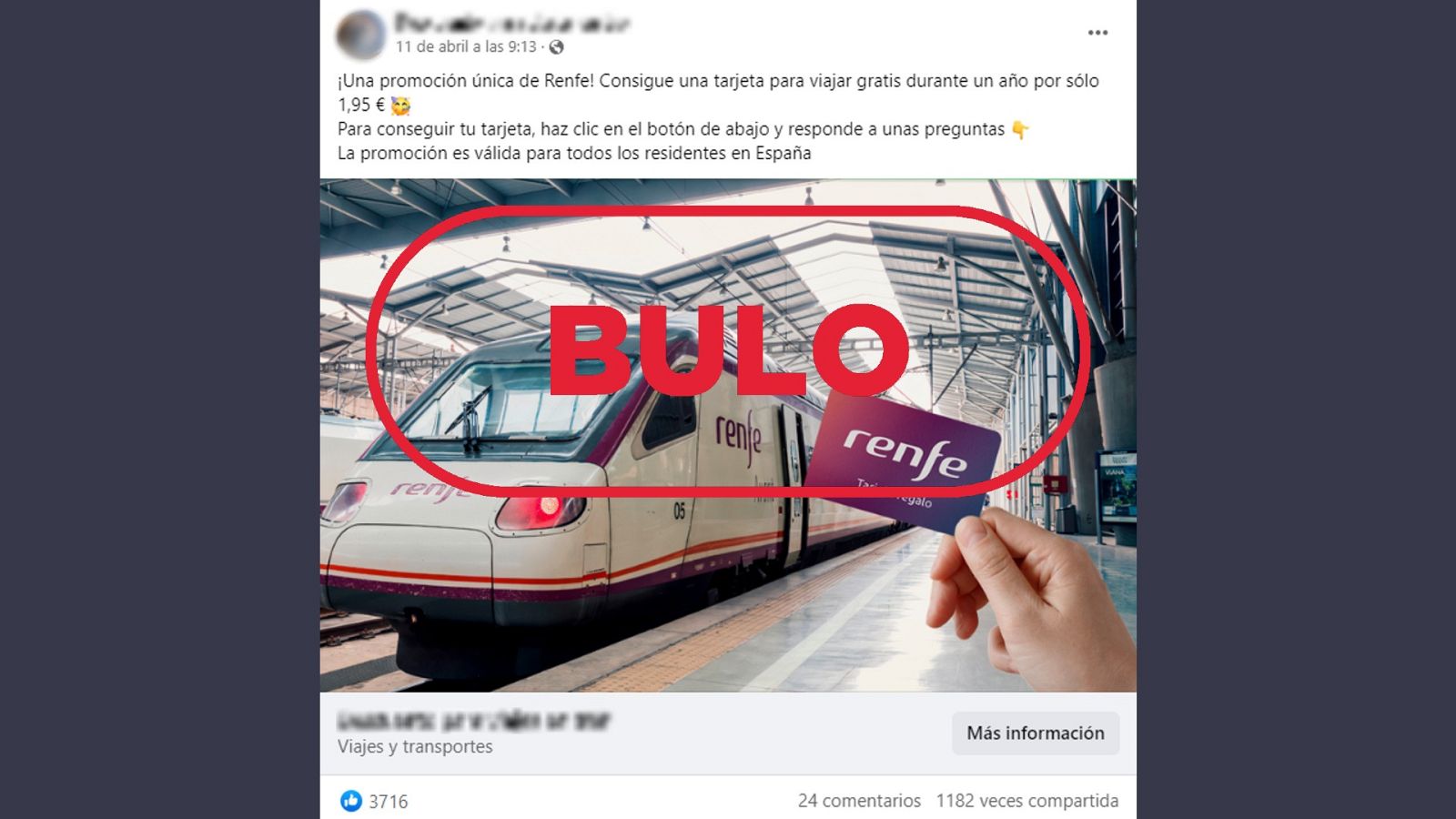 Publicación en Facebook que suplanta a Renfe para publicitar el falso sorteo de una tarjeta para viajar gratis durante un año.
