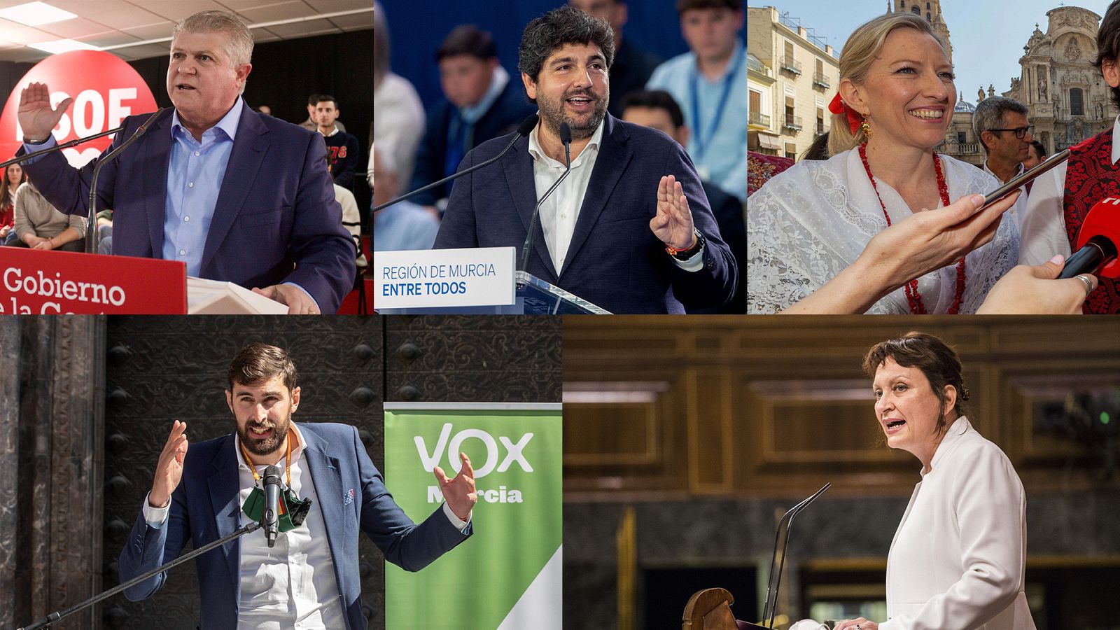De izquierda a derecha y de arriba a bajo: Vélez (PSOE), López Miras (PP), Ros (Cs), Antelo (Vox) y Marín (Podemos-IU)