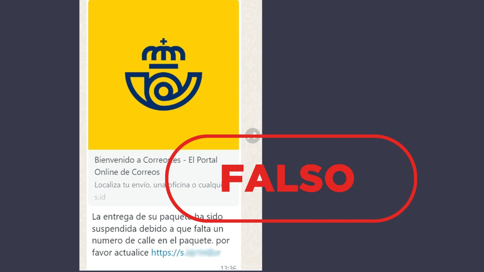 Mensaje fraudulento con el logotipo de Correos que comunica una entrega de paquete suspendida por falta del número de calle.