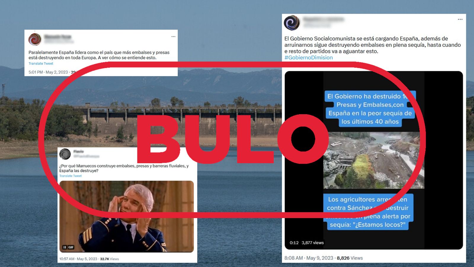 Mensajes que difunden el bulo que dice que España es líder en destrucción de embalses en plena sequía