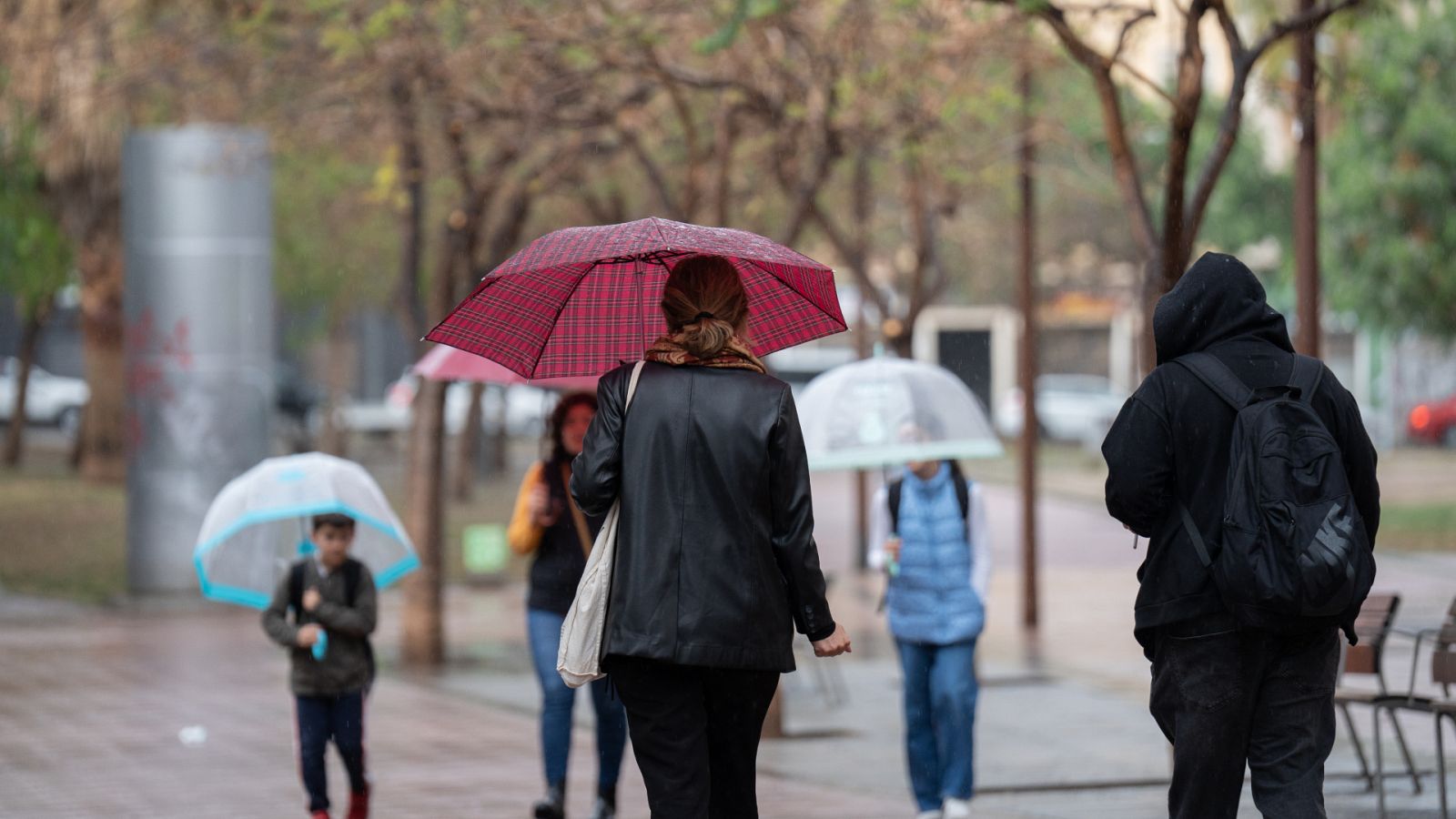 Varios ciudadanos pasean con paraguas bajo la lluvia