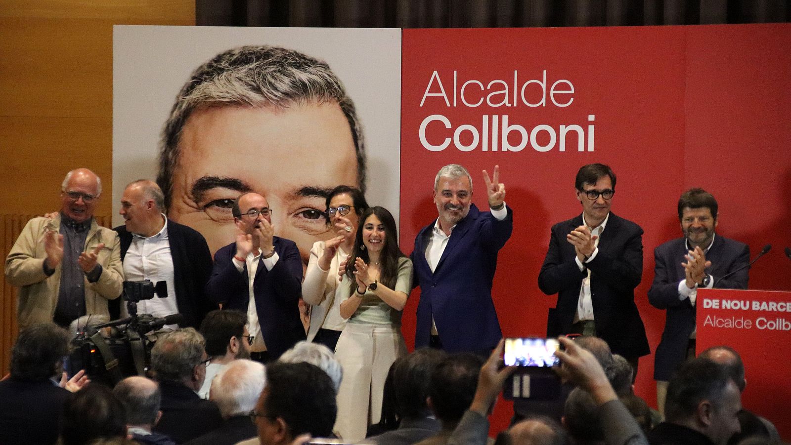 L'alcaldable del PSC, Jaume Collboni, amb el ministre de Cultura, Miquel Iceta i el líder socialista, Salvador Illa