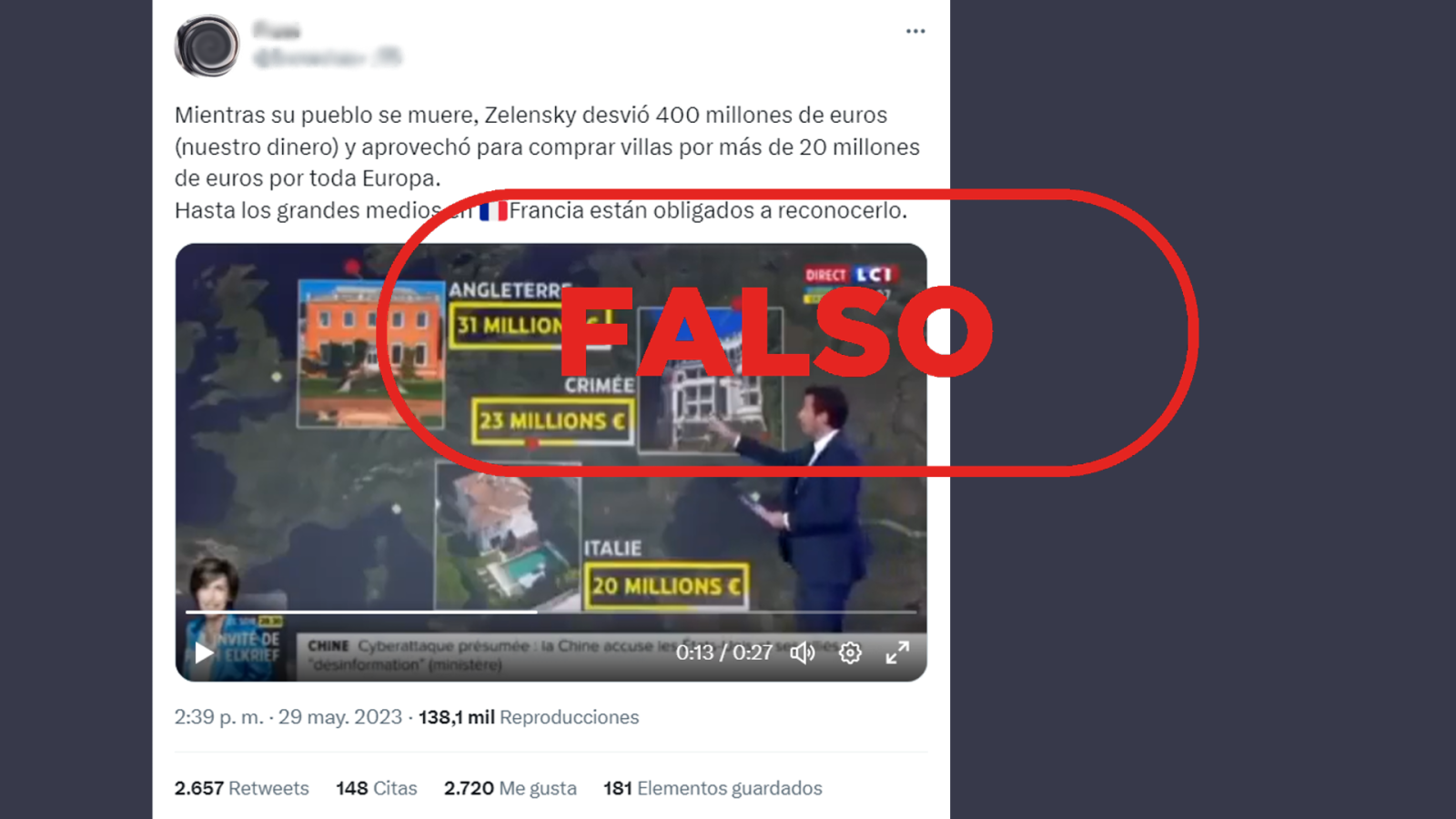 Mensaje de Twitter que difunde la falsa idea de que la televisión francesa LCI acusa a Zelenski de malversación.