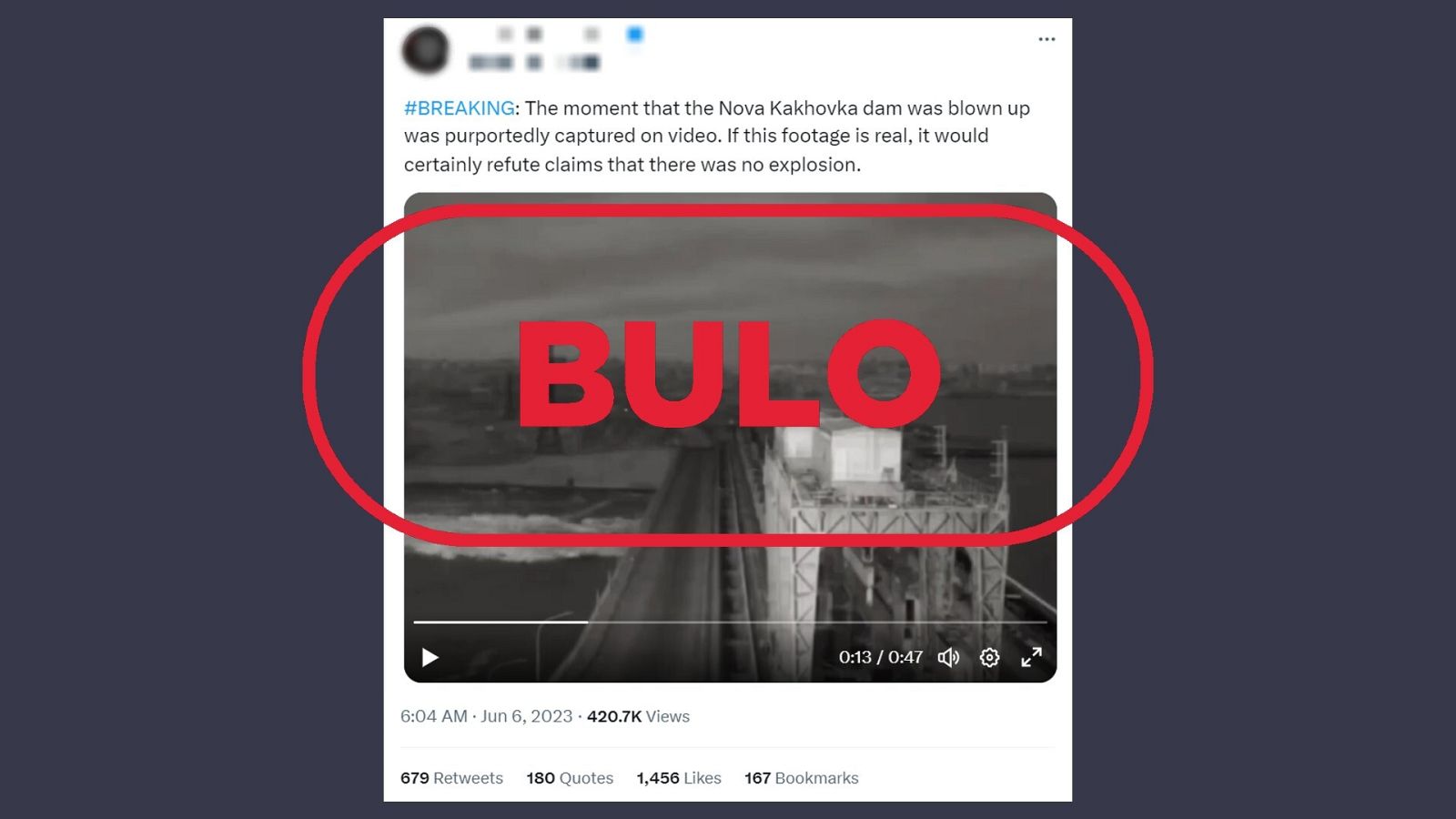 Mensaje que difunde el bulo de que este vídeo muestra una explosión reciente en la presa de Nova Kajovka.