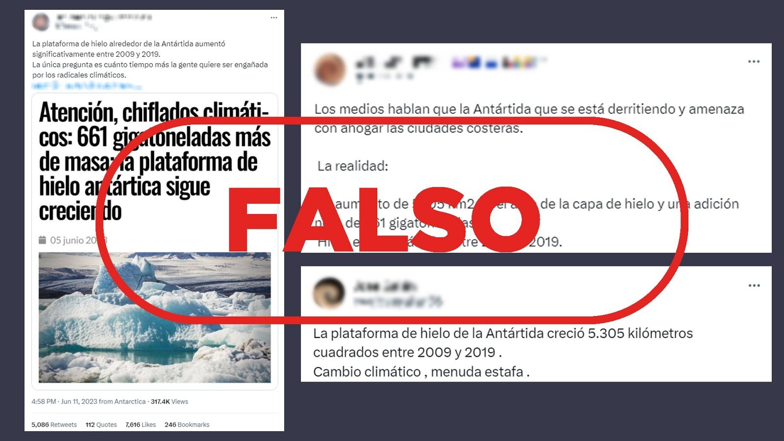 Mensajes de redes que usan un estudio sobre la plataforma de hielo en la Antártida para negar el cambio climático.
