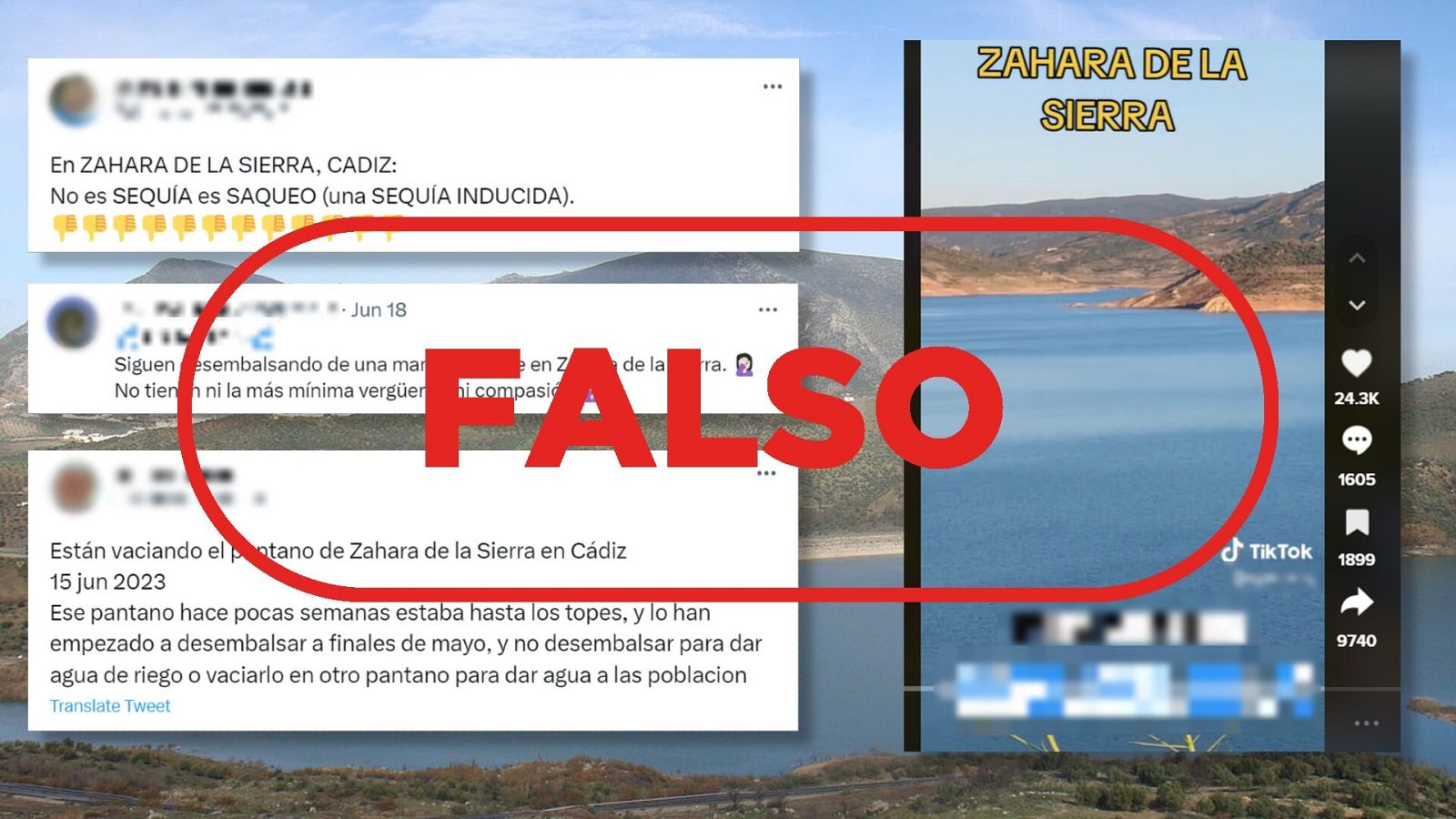 Mensajes de redes que difunden el vídeo falso de TikTok sobre el embalse de Zahara-El Gastor