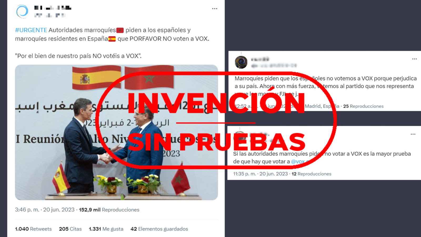 Tuits que difunden la invención sin pruebas que asegura que las autoridades marroquíes están pidiendo que no se vote a Vox
