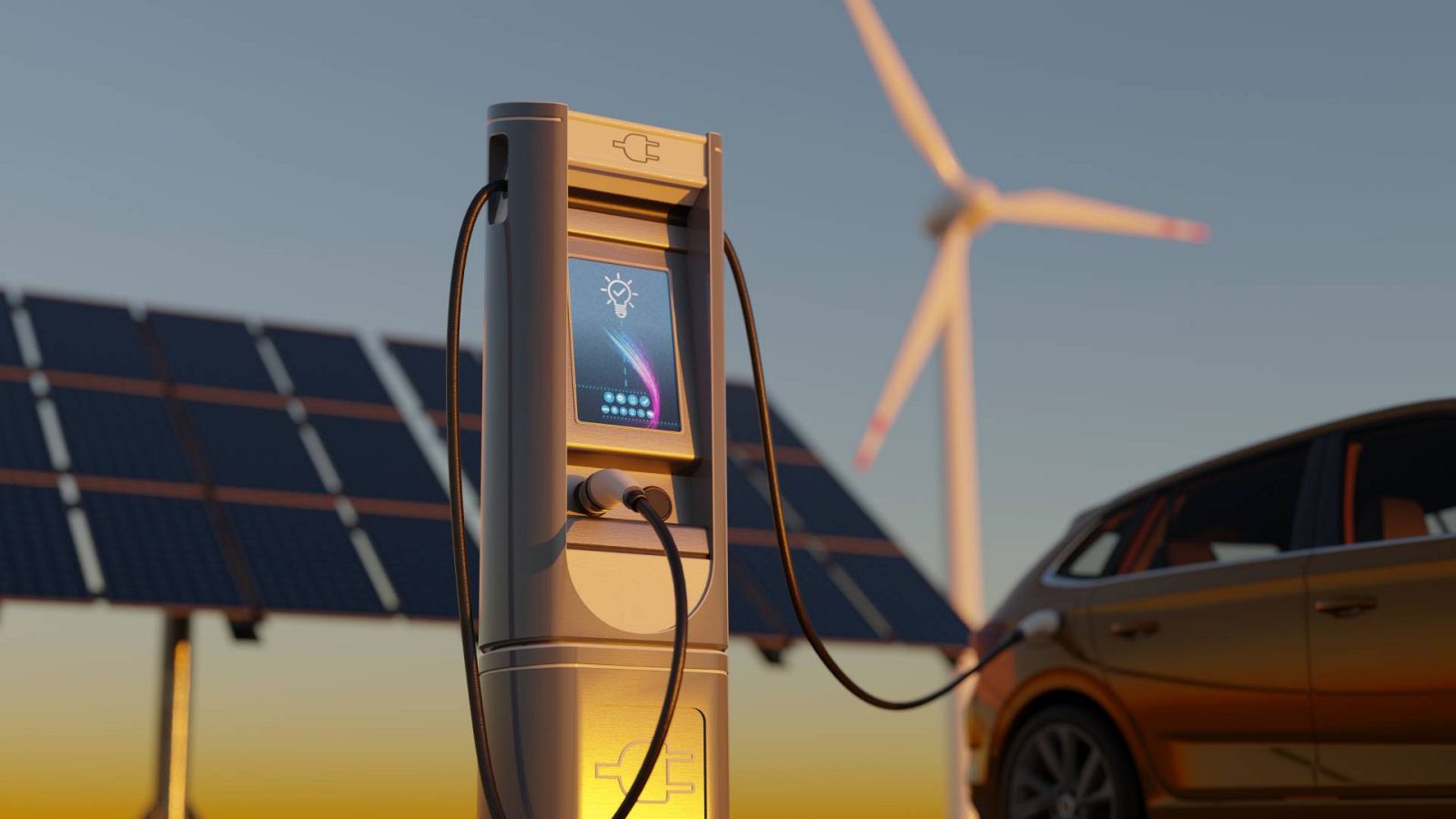 Un coche eléctrico cargándose a través de turbinas eólicas