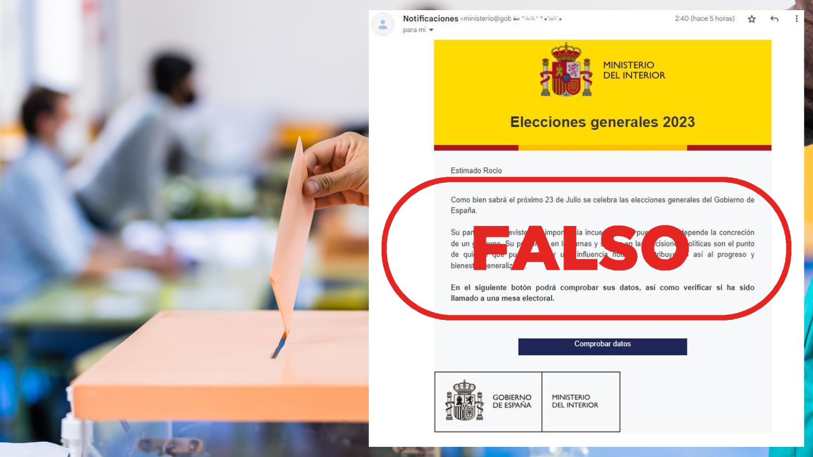 Correo electrónico que suplanta al Ministerio del Interior donde se pide insertar tus datos personales para comprobar si te ha tocado mesa electoral el 23J