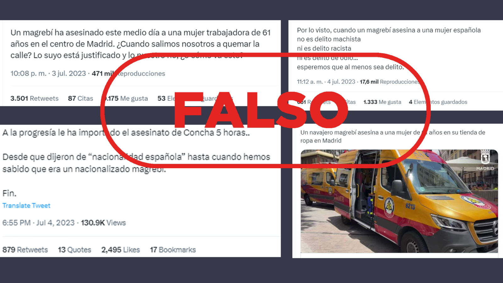 Mensajes de redes que difunden la falsa idea que el detenido por el asesinto en Tirso de Molina es magrebí o magrebí nacionalizado