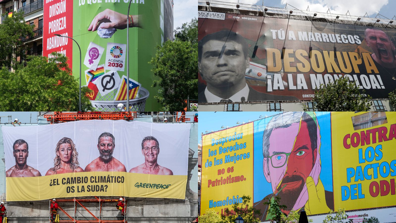 Lonas como las de Vox, Desokupa o Greenpeace han marcado la campaña electoral