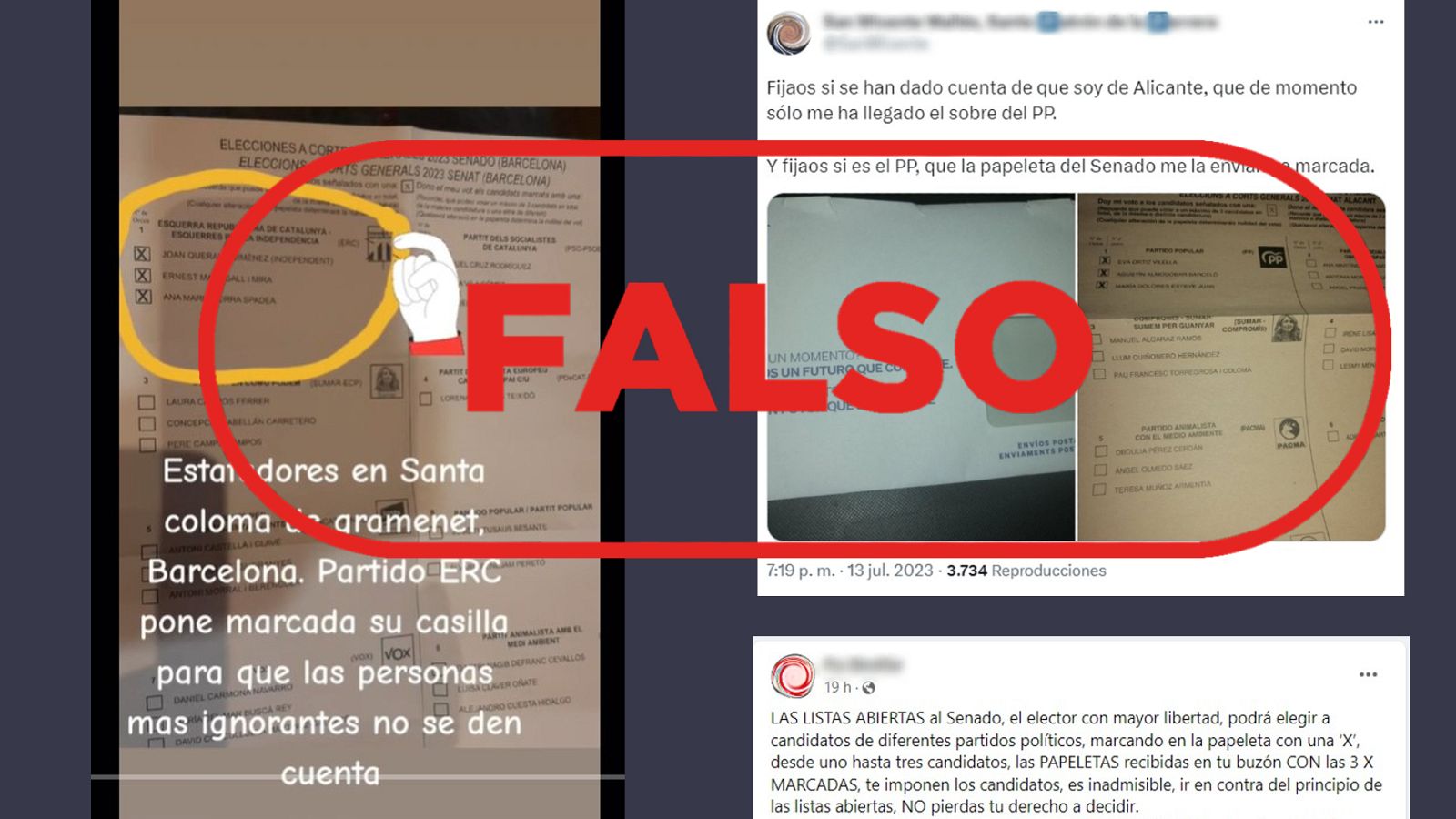 Mensajes que difunden el bulo que dice que es ilegal que los partidos manden las papeletas para el Senado marcadas