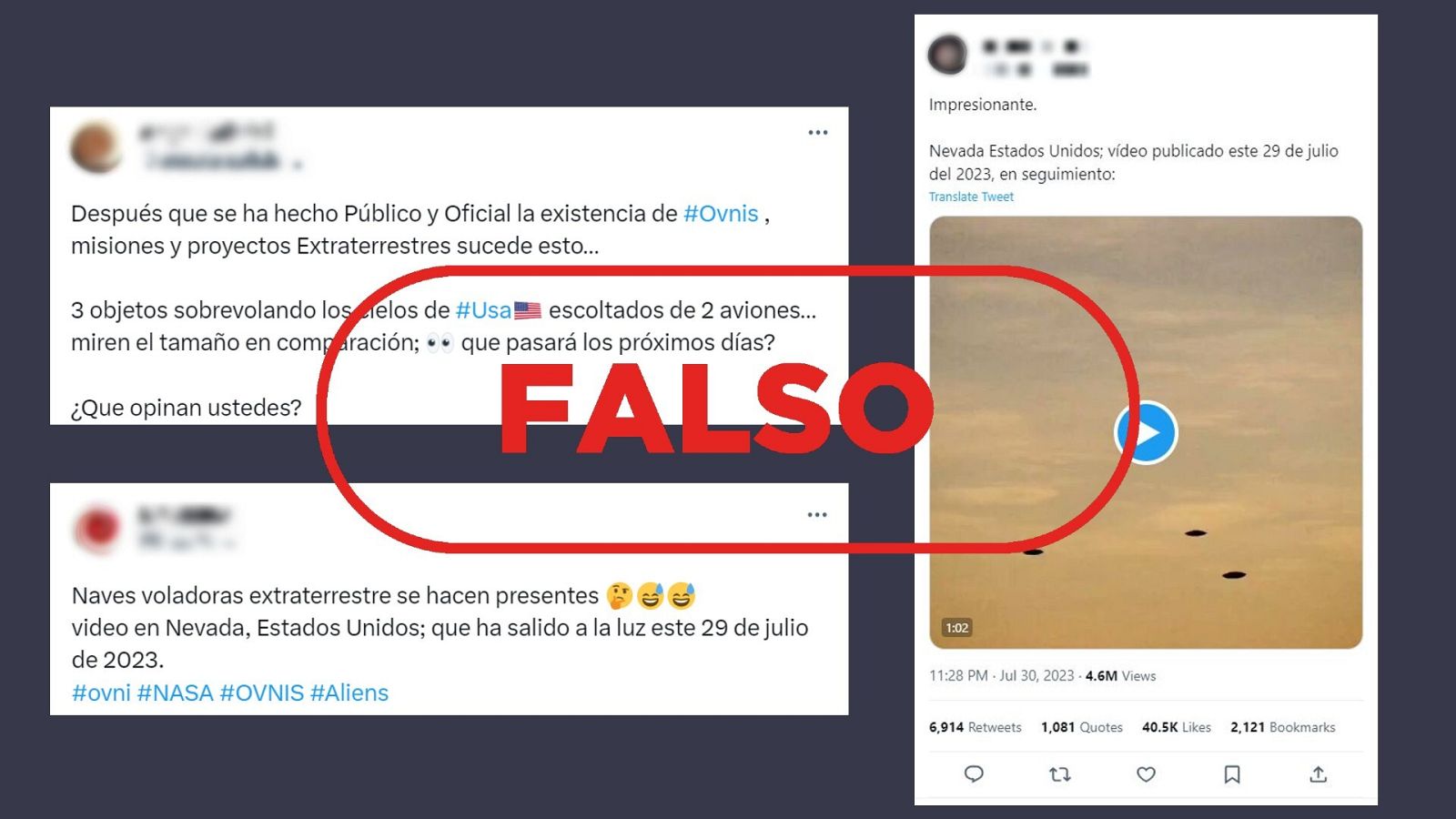 Mensajes de redes que difunden una recreación digital para ilustrar un falso avistamiento de OVNIS en EE.UU.