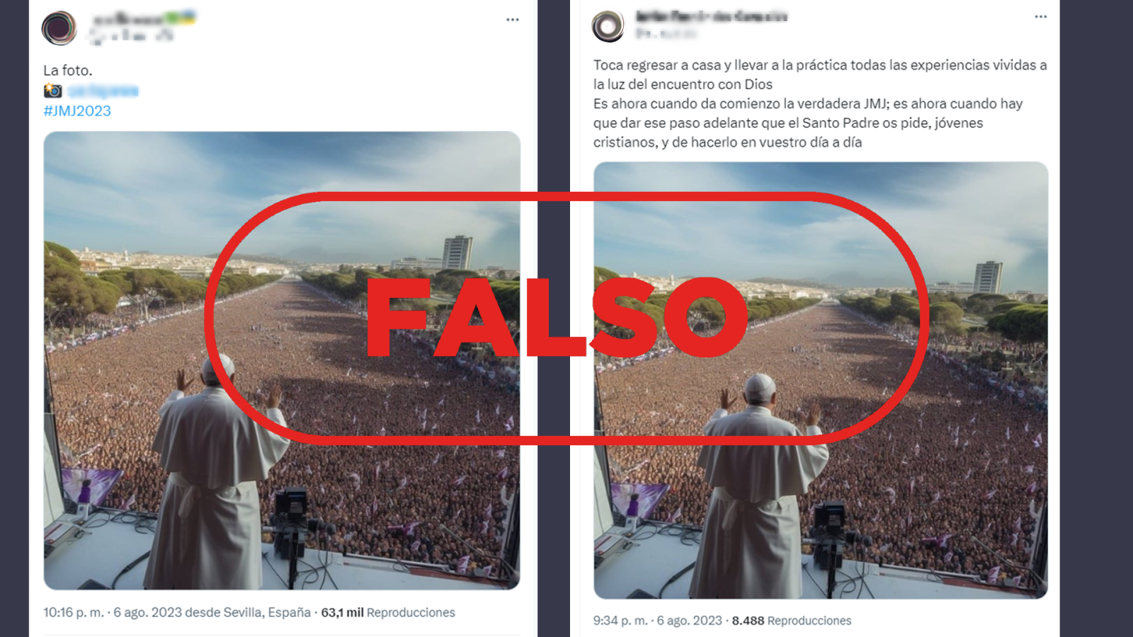 Mensajes de Twitter que comparten la fotografía falsa del Papa Francisco y la sitúan en la JMJ en Lisboa