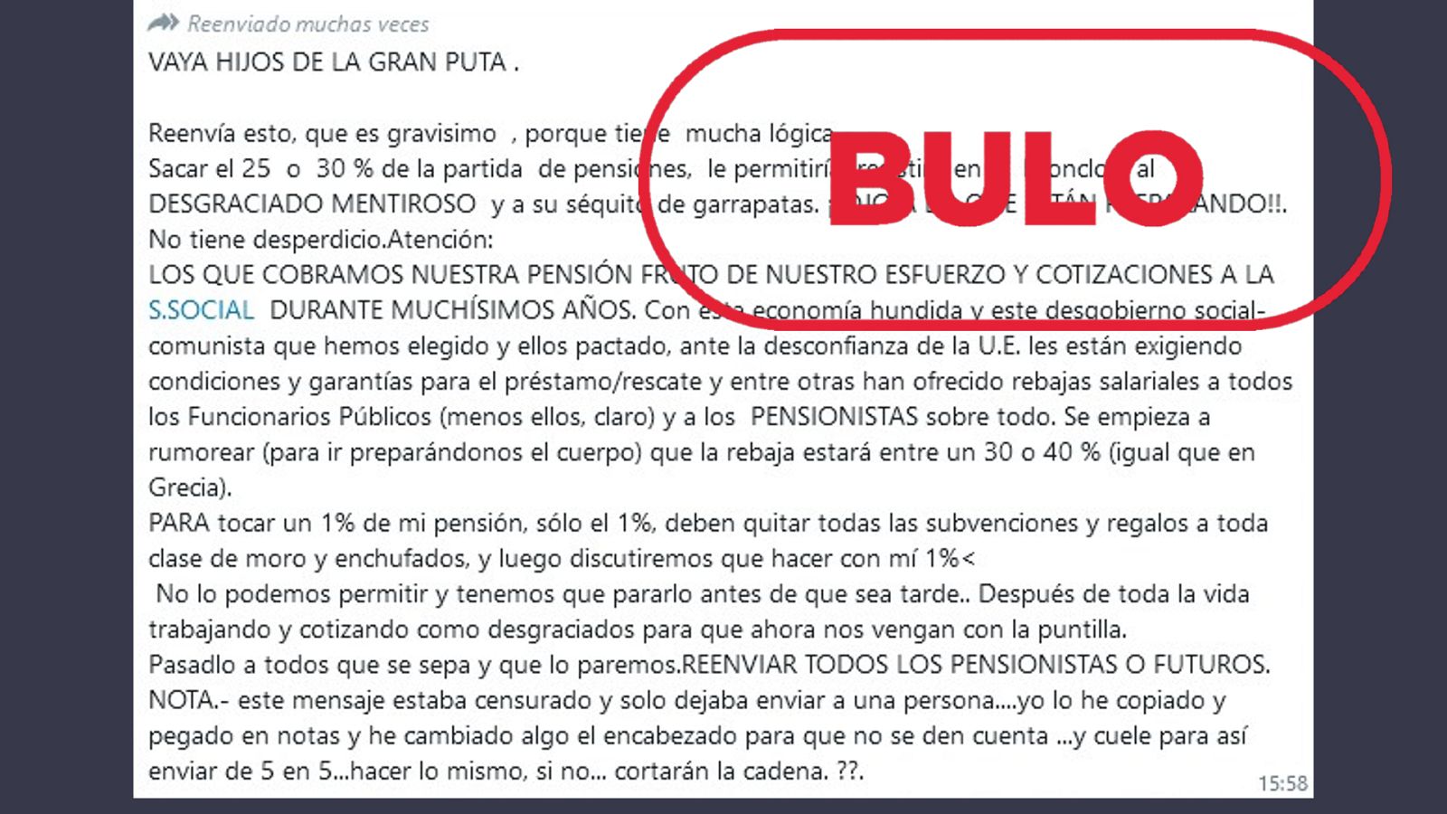 Captura del mensaje que difunde el bulo que asegura que el Gobierno ha ofrecido a la UE una rebaja de las pensiones