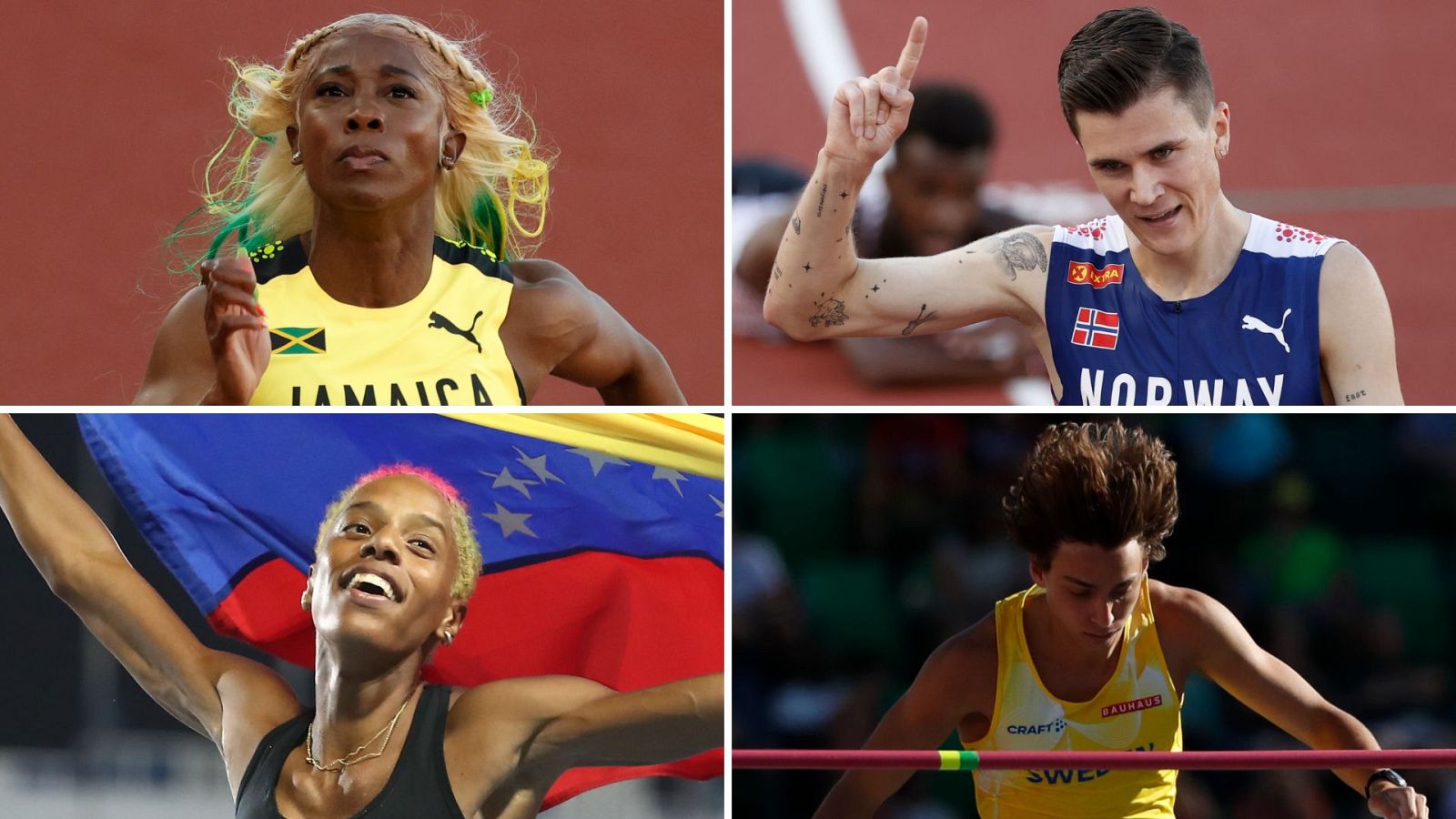Los atletas Shelly-Ann Fraser-Pryce, Jakob Ingebrigtsen, Yulimar Rojas y Mondo Duplantis