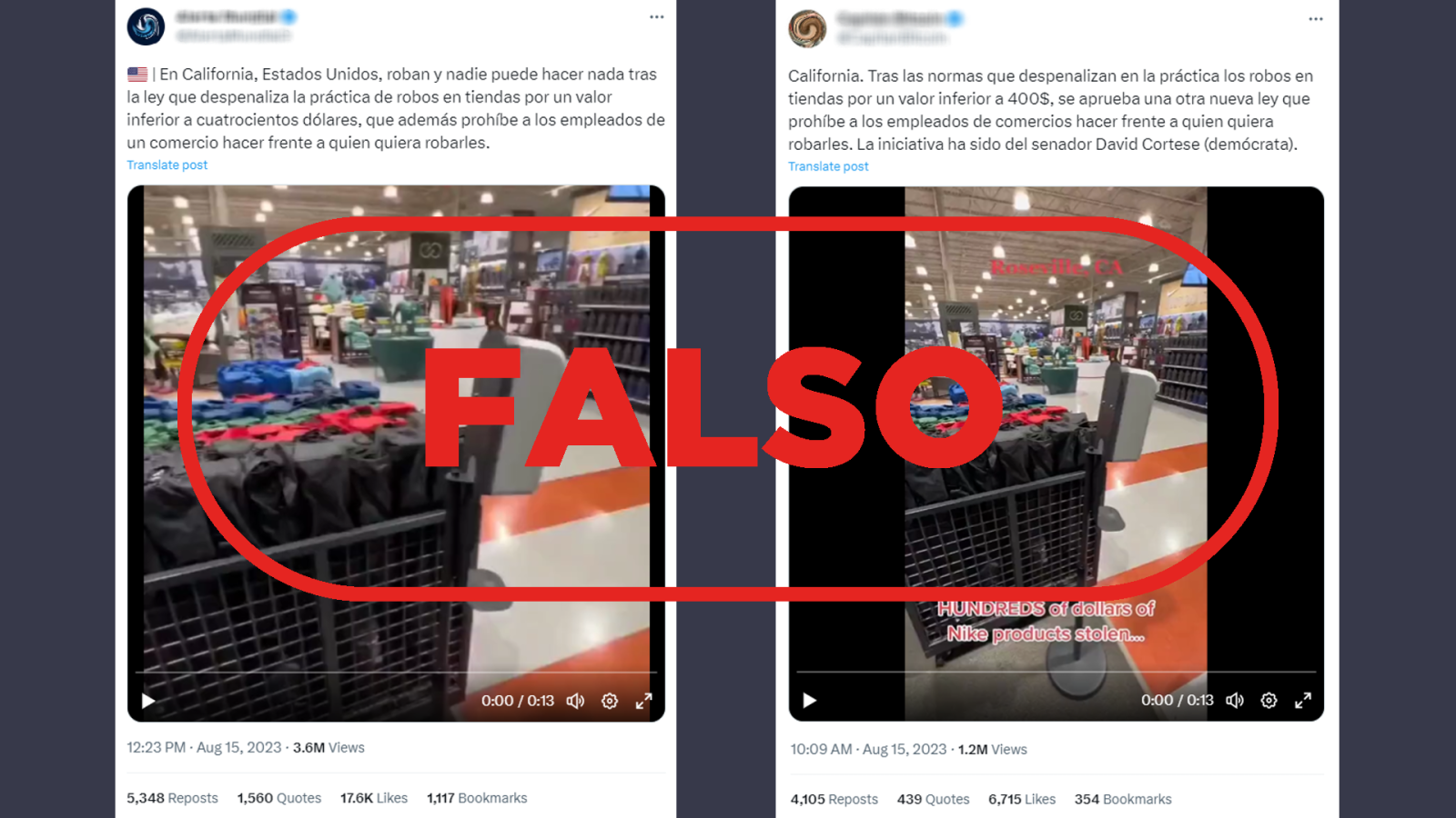 Tuits que difunden la falsa idea de que California ha despenalizado los robos en tiendas