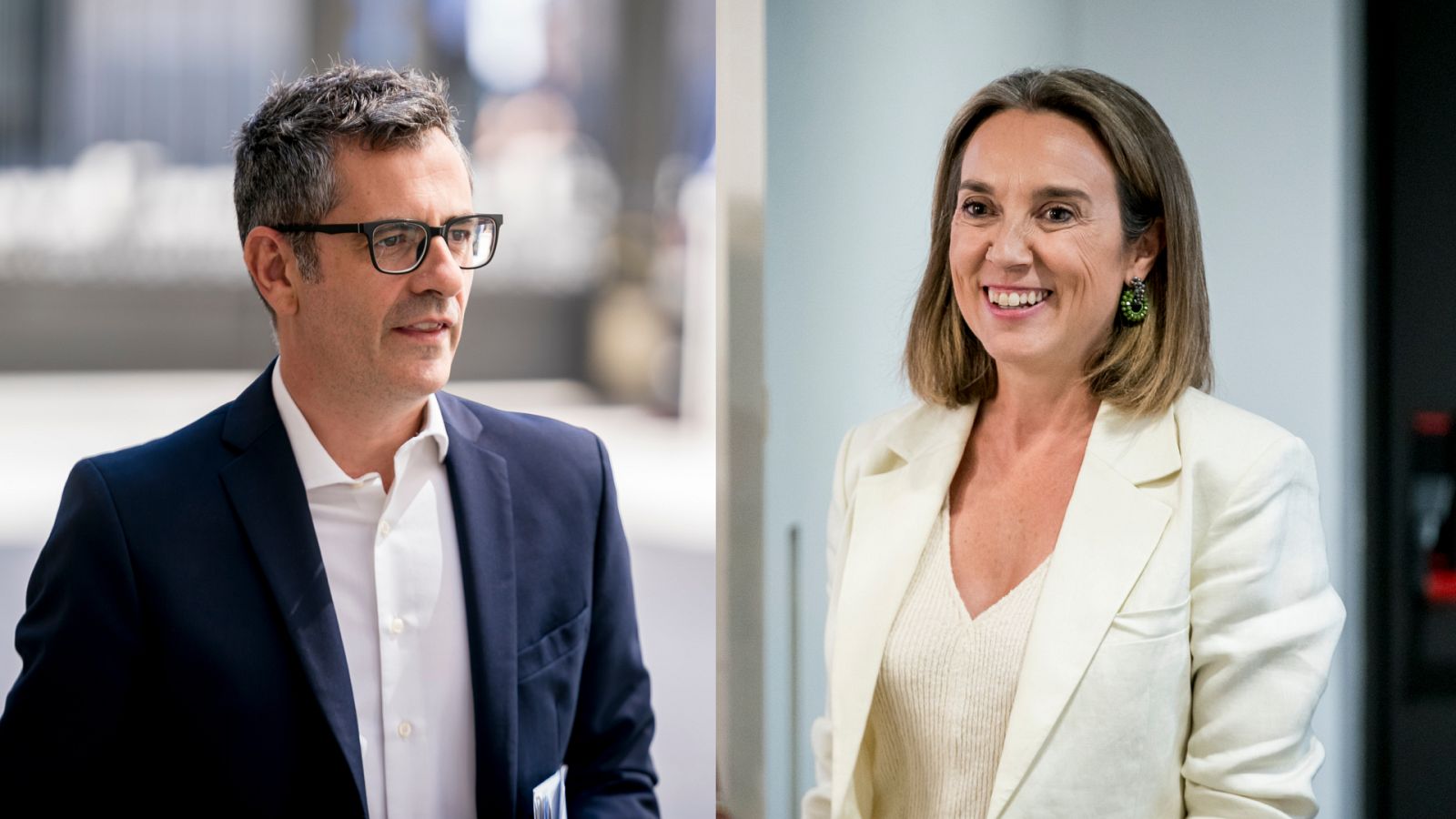 El ministro de la Presidencia en funciones, Félix Bolaños, (i) y la secretaria general del PP, Cuca Gamarra (d)