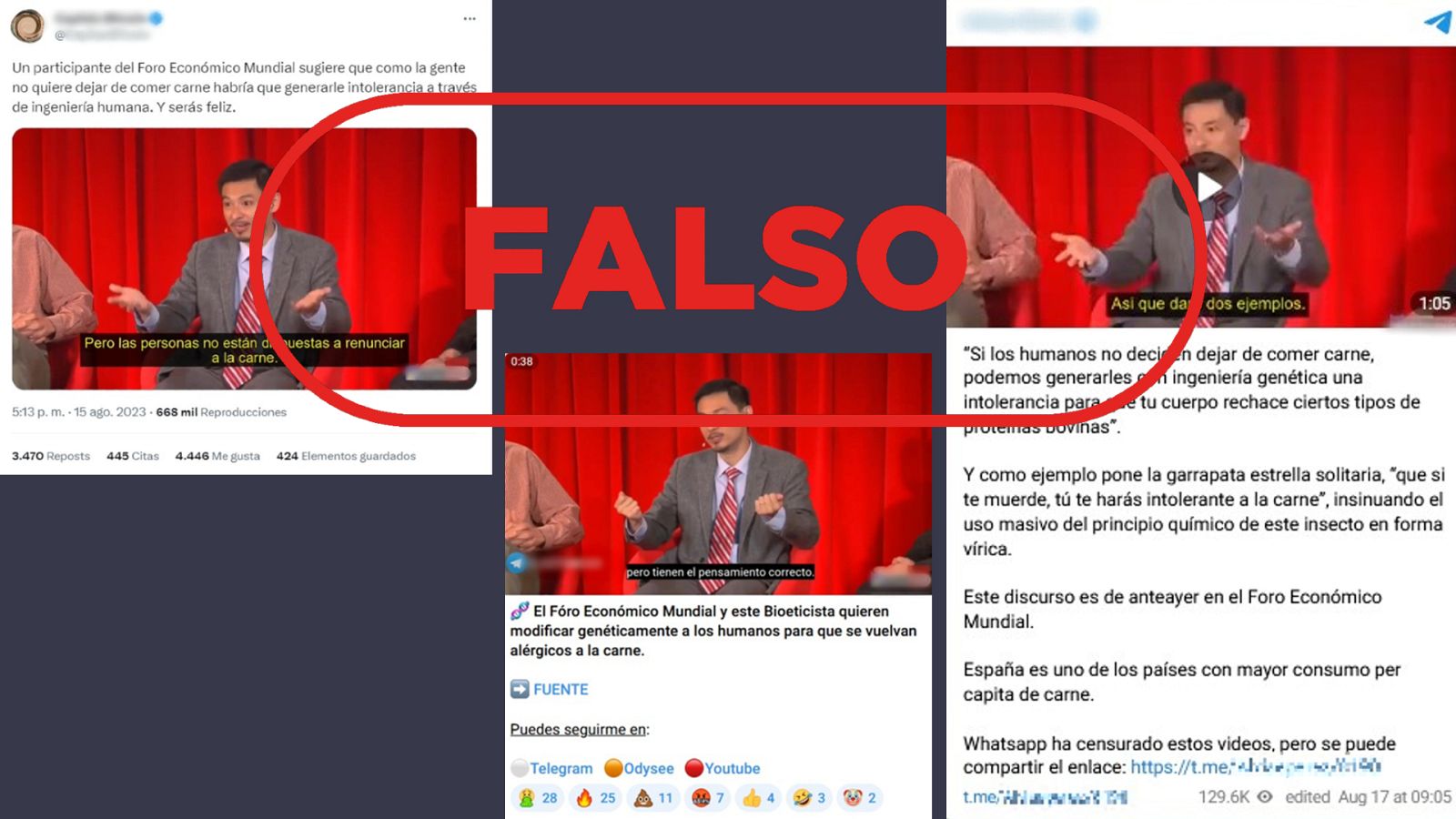 Mensajes que difunden la falsa idea de que este vídeo muestra a un participante del Foro Económico Mundial defendiendo la modificación genética en humanos para volverlos alérgicos a la carne