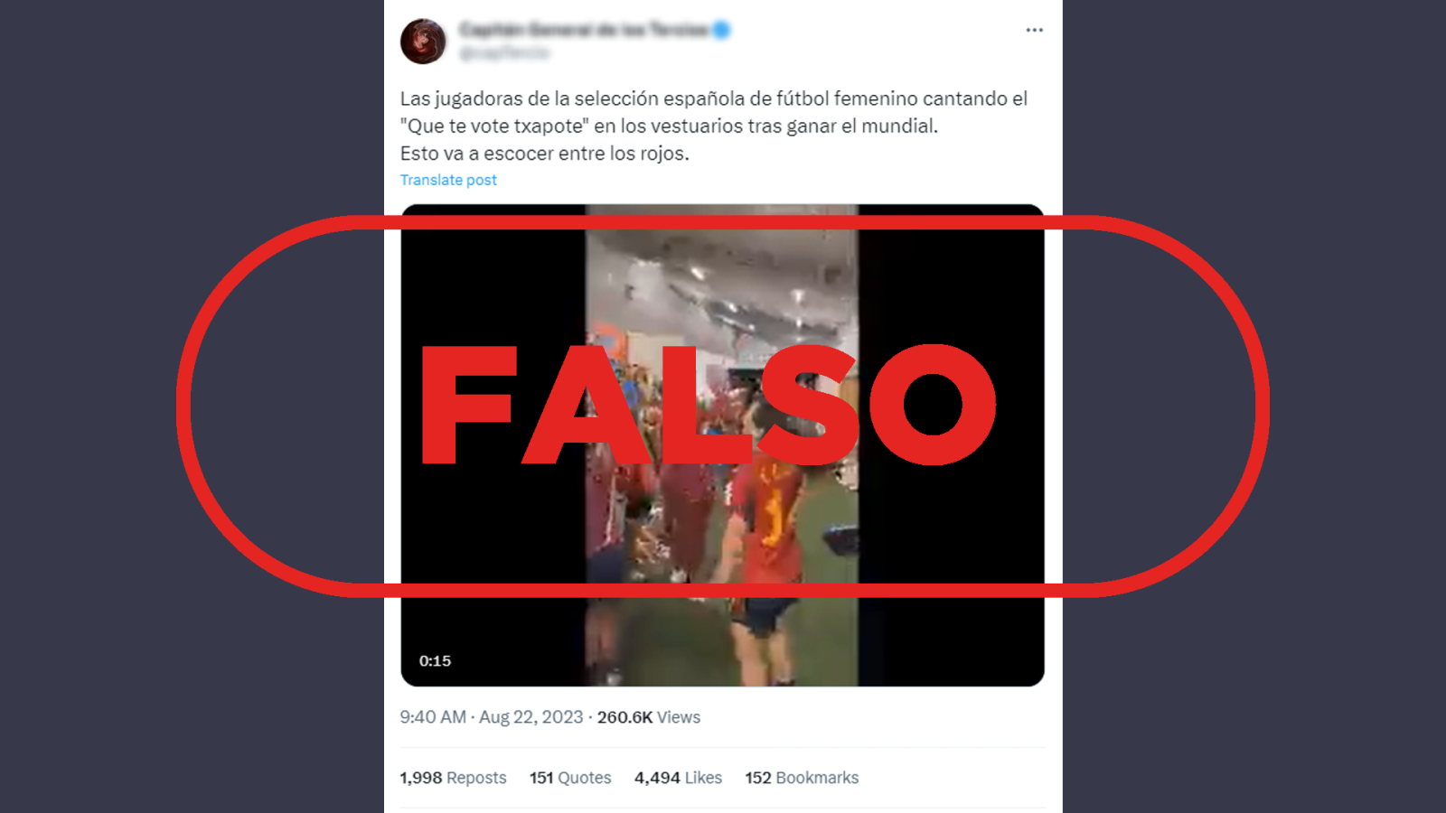 Tuit que difunde el vídeo manipulado de las jugadoras de la Selección española