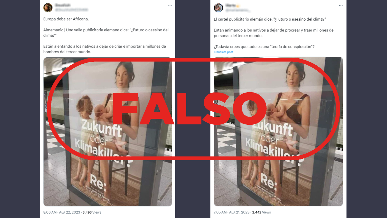 Tuits que difunden la falsa idea de que un cartel en alemán invita a los nativos a no procrear