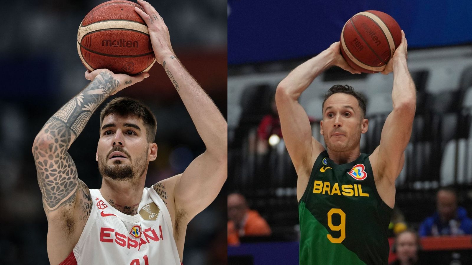 Juancho Hernangómez y Marcelinho Huertas durante su debut en el Mundial