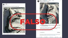 La imagen de una montaña nevada con una silueta de mujer no es real, es una creación digital