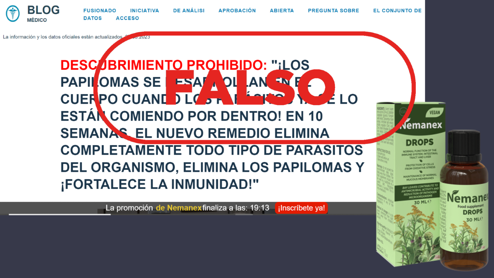 Portal web que difunde un falso remedio natural contra el virus del papiloma humano llamado Nemanex