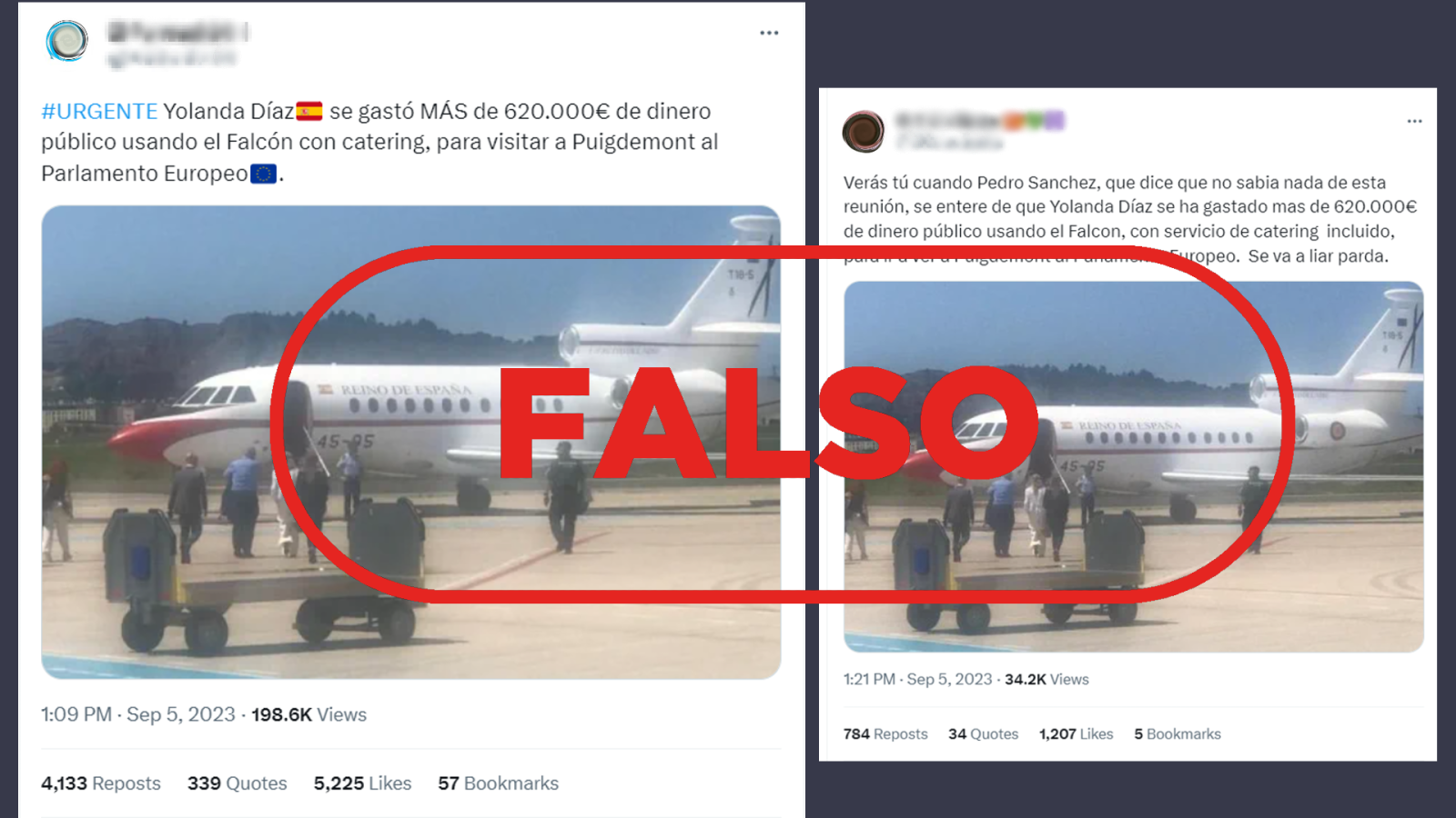 Publicaciones de X que reproducen la falsa idea de que Yolanda Díaz viajó en Falcon para reunirse con Puigdemont