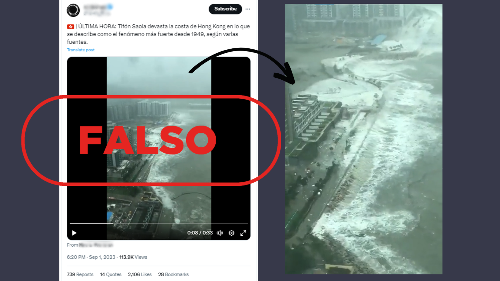 Mensaje de X que comparte un vídeo antiguo y lo presenta como si se tratara del tifón Saola en Hong Kong