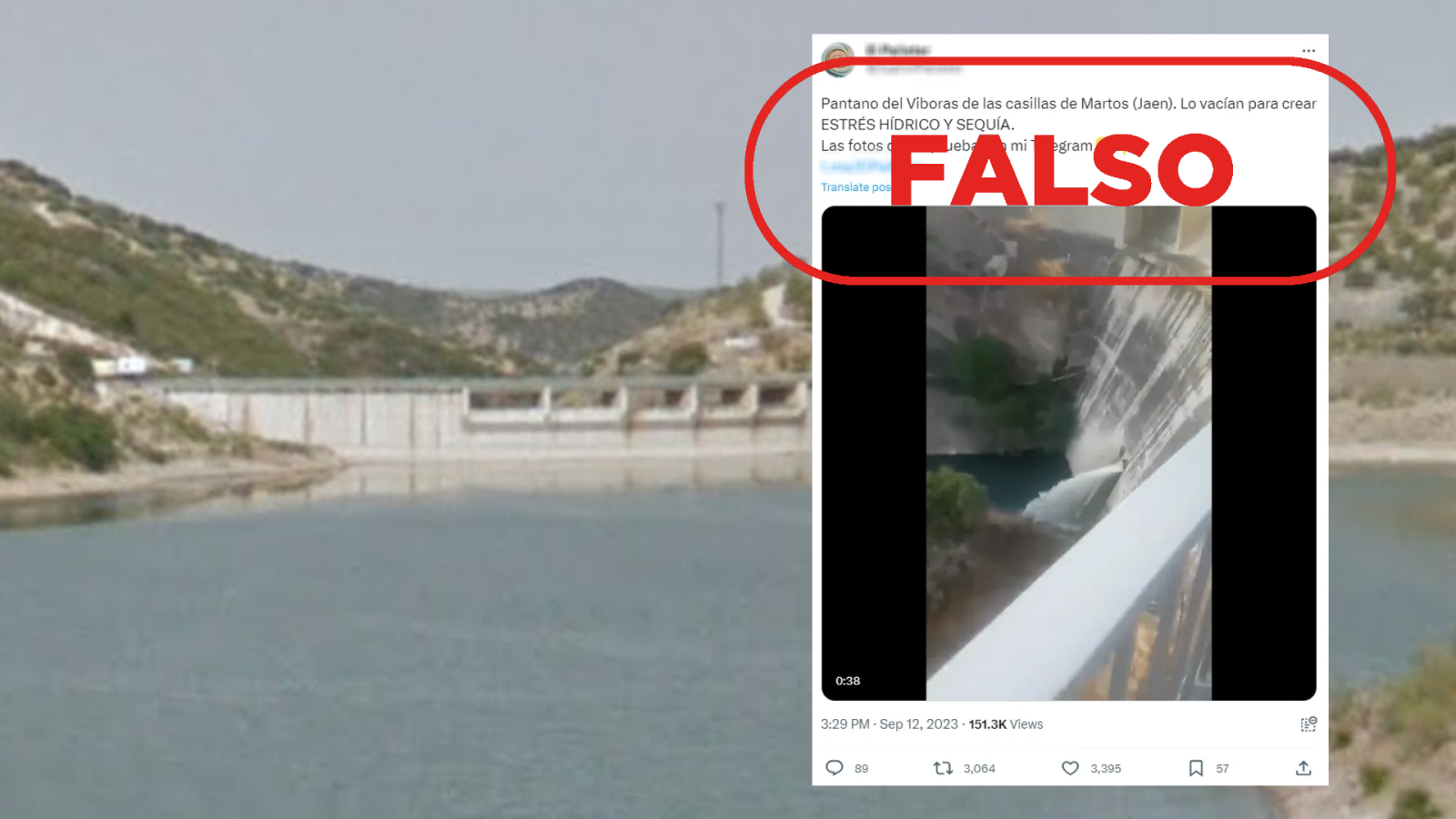 Mensaje de redes que difunde la falsa idea de que se vacían embalses para generar estrés hídrico y sequía.