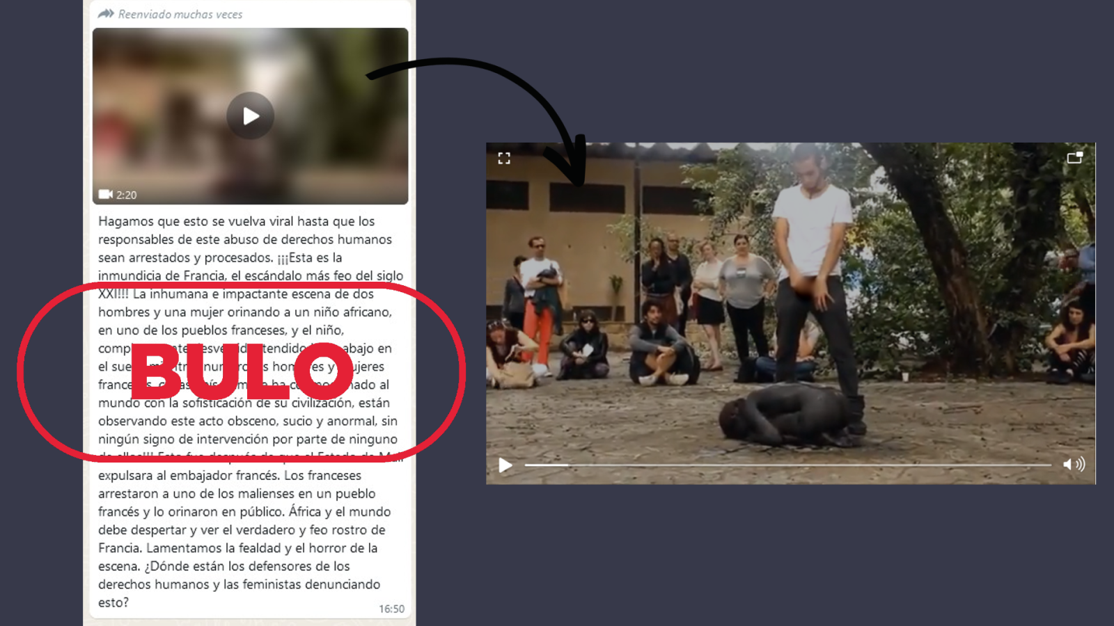 Mensaje de WhatsApp que difunde el bulo que dice que este vídeo muestra a franceses orinando a un niño africano