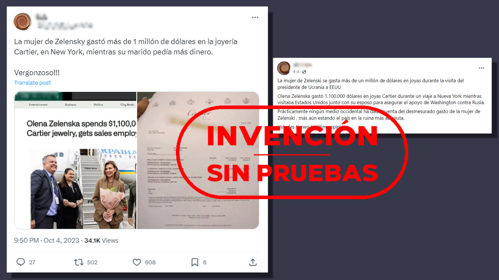 Mensajes de redes sociales que afirman sin pruebas que la esposa de Zelenski se ha gastado un millón de dólares en joyas