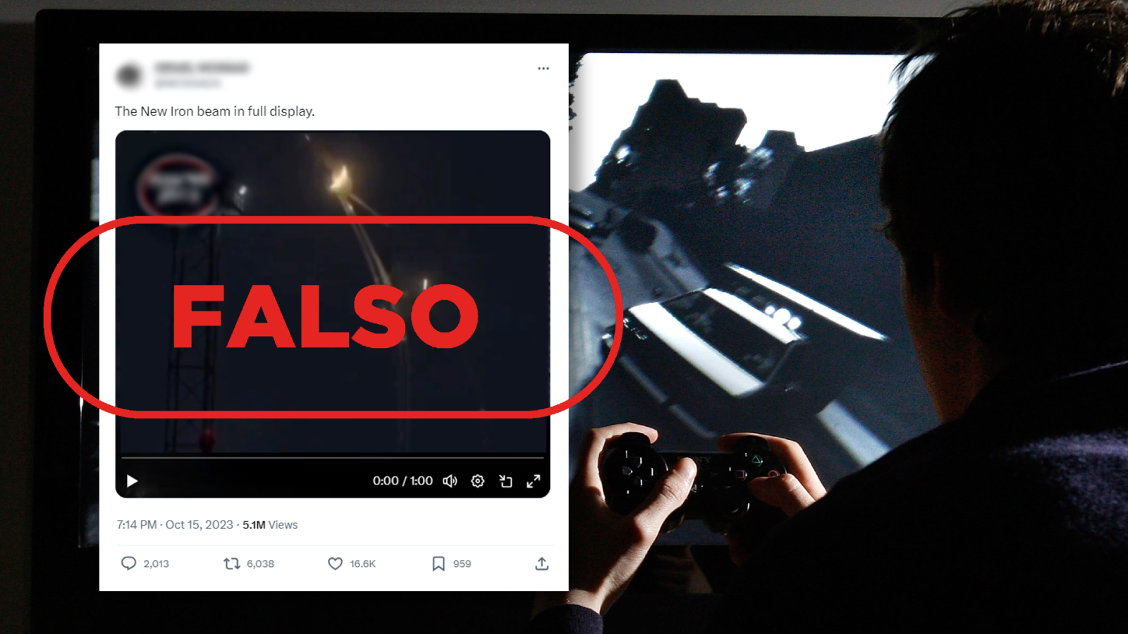 Desinformación Israel-Hamás: Mensaje que difunde un videojuego como si mostrara el rayo láser que quiere utilizar Israel contra Hamás