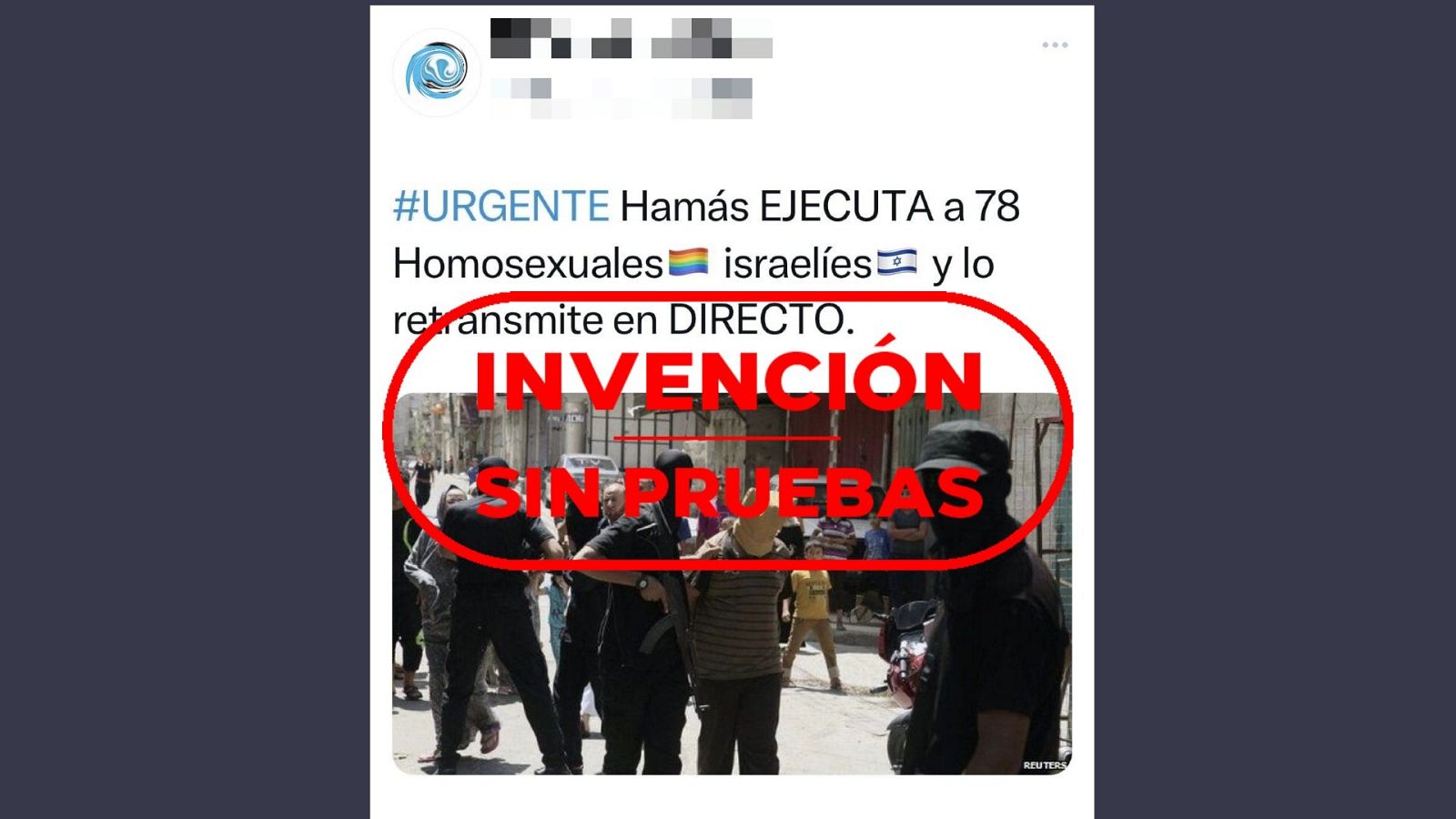 Guerra Israel-Hamás: Mensaje que difunde la invención sin pruebas de que Hamás ha ejecutado a 78 homosexuales y lo ilustra con una fotografía antigua