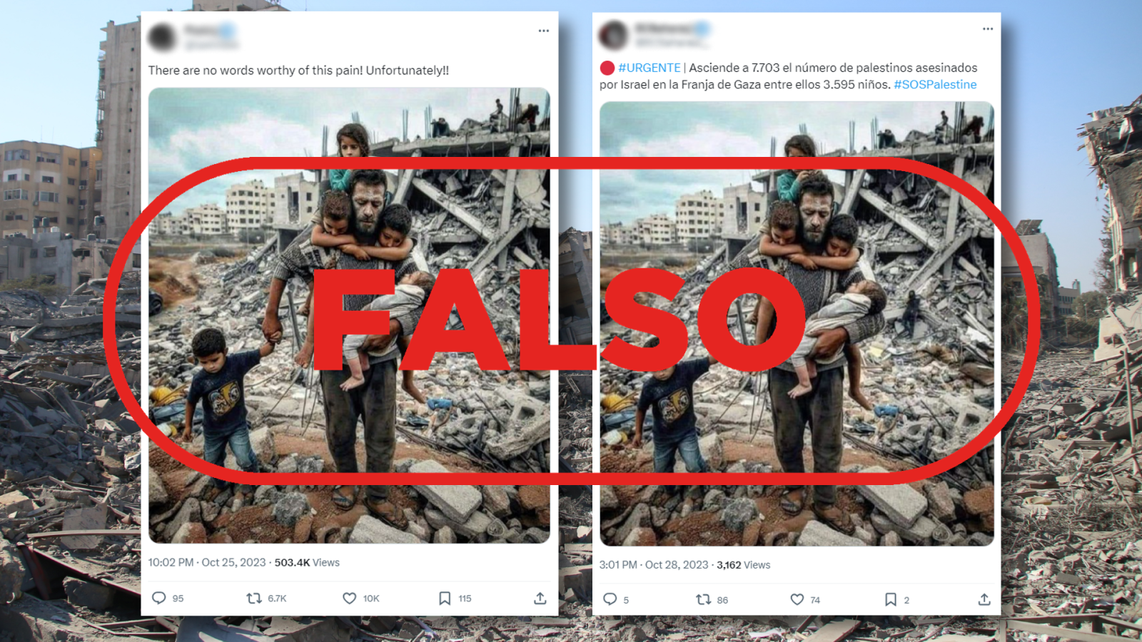 Capturas de X que difunden la fotografía creada conGuerra de Israel en Gaza: Difunden una fotografía creada con Inteligencia Artificial (IA) que se presenta como si fuera real