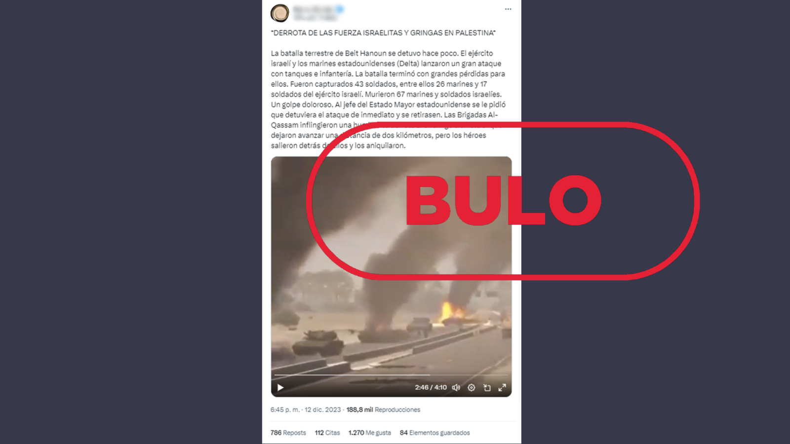 Guerra Israel-Hamás: mensaje que difunde un videojuego y lo presenta como si fuera un ataque a tanques israelíes