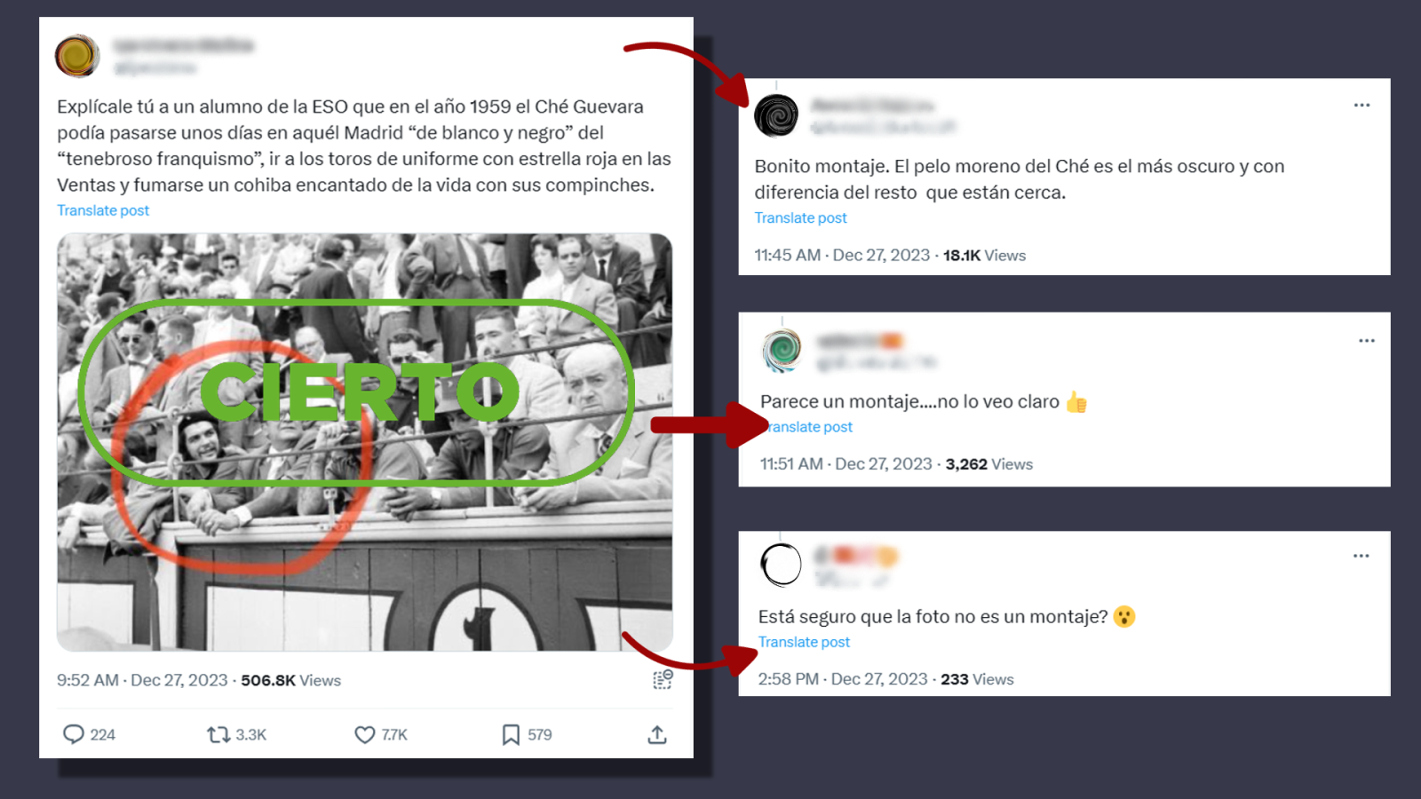 Che Guevara: Esta imagen del líder guerrillero argentino en una plaza de toros en Madrid es real, con el sello Cierto de VerificaRTVE en verde