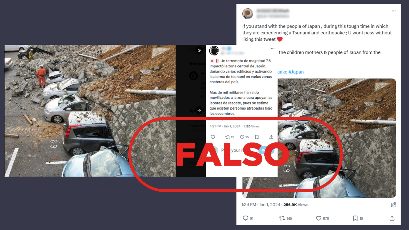 Terremoto en Japón: Difunden una imagen de 2011 de coches sepultados y la presentan como si fuera actual