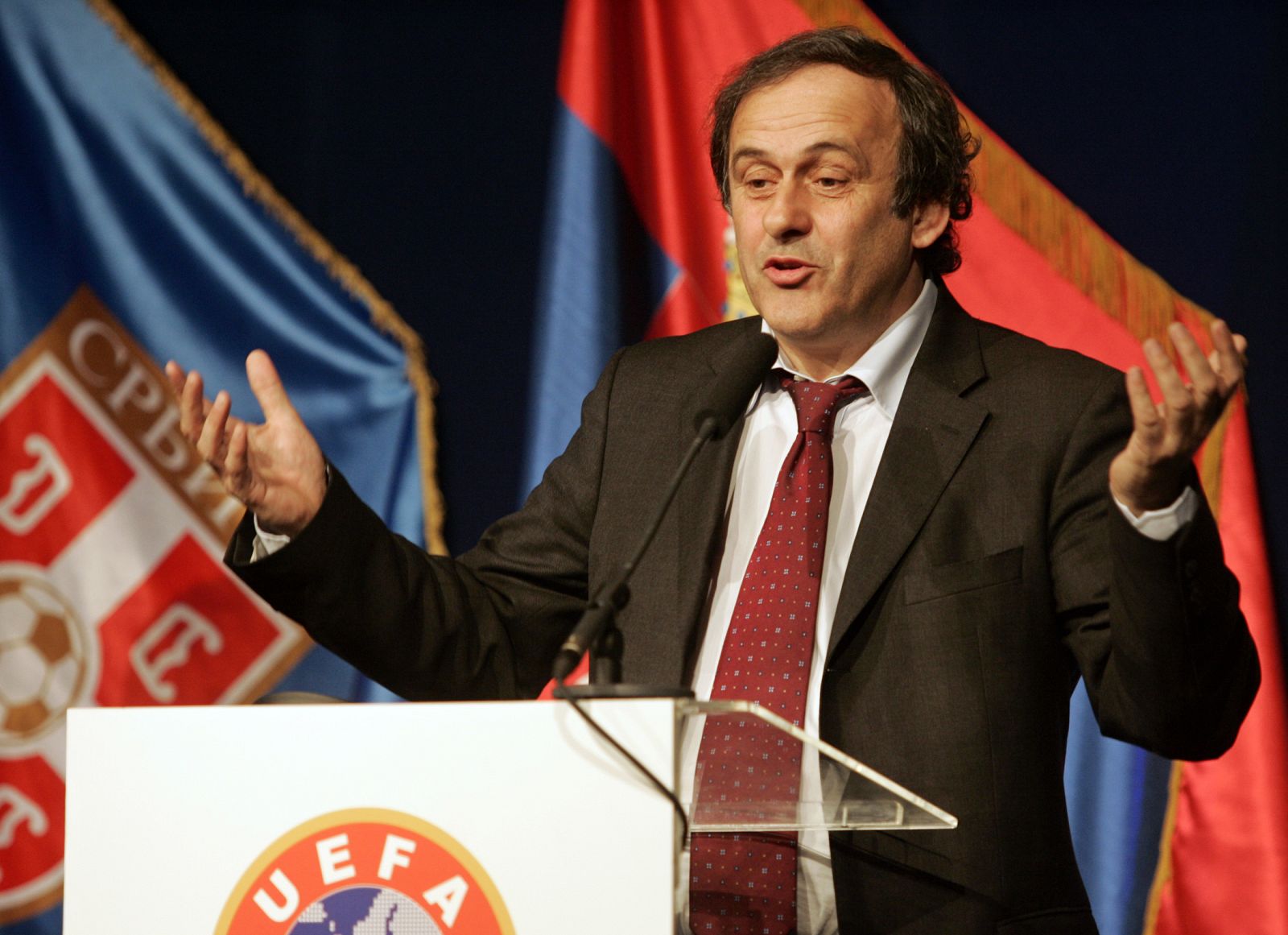 UEFA President Platini speaks during news conference in Belgrade