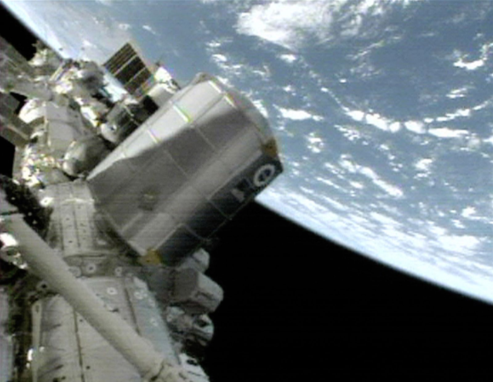 A view of the MPLM that is berthed to the ISS' Unity module.