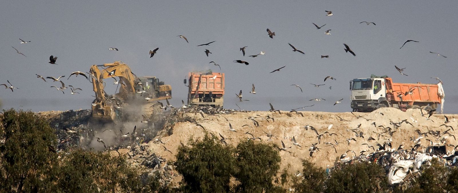 Una máquina excavadora recupera el contenido de una de las fosas del vertedero