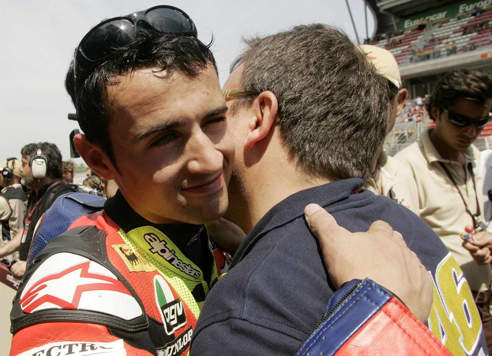 Aprilia 250cc rider Hector Barbera celebrates his second position after qualifying, ahead of Sunday's Catalunya Grand Prix in Montmelo