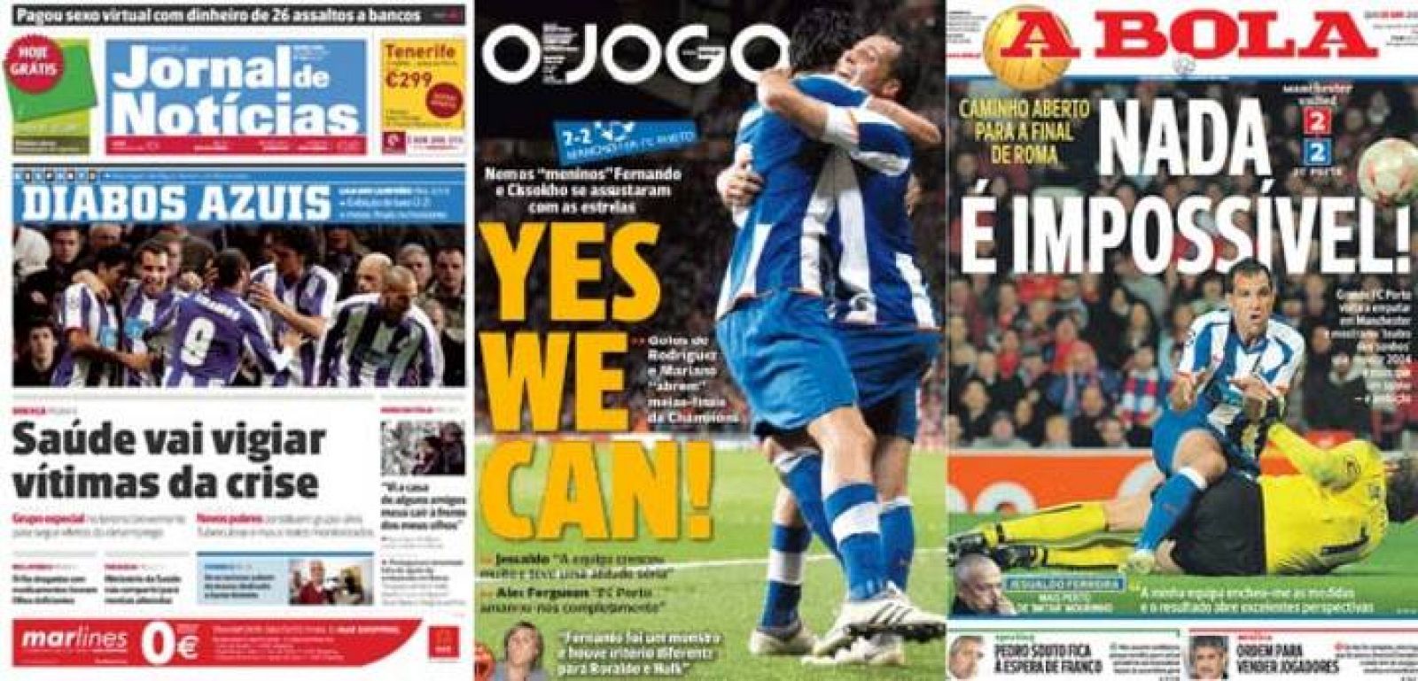 Portadas de los periódicos portugueses Jornal de Notícias, O Jogo y A Bola.